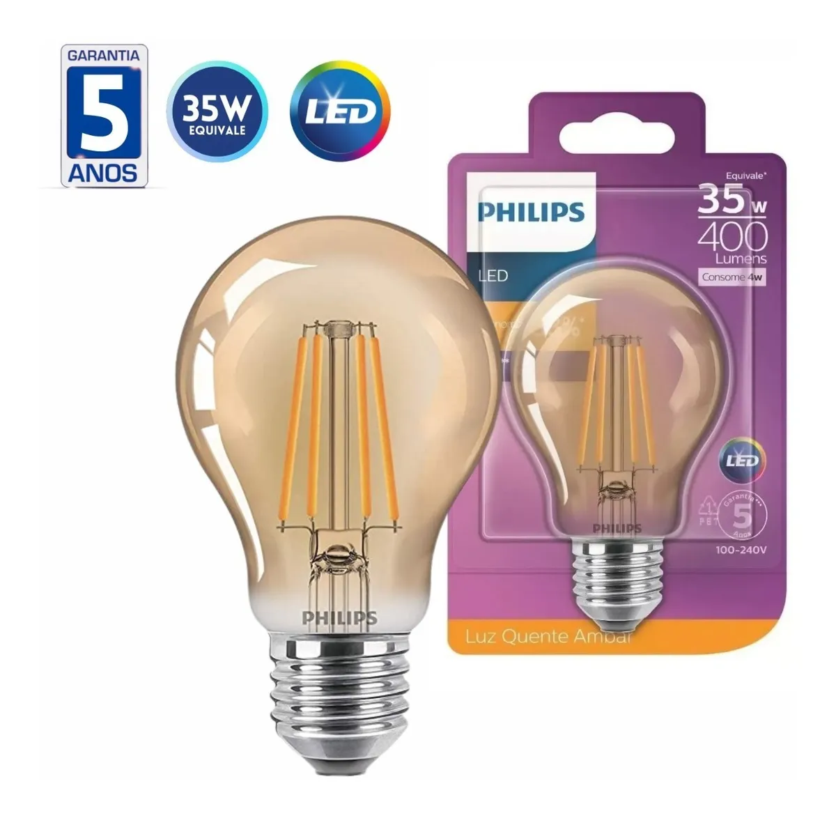 Lâmpada Retrô Filamento Led 4w A60 400lm Bivolt Philips