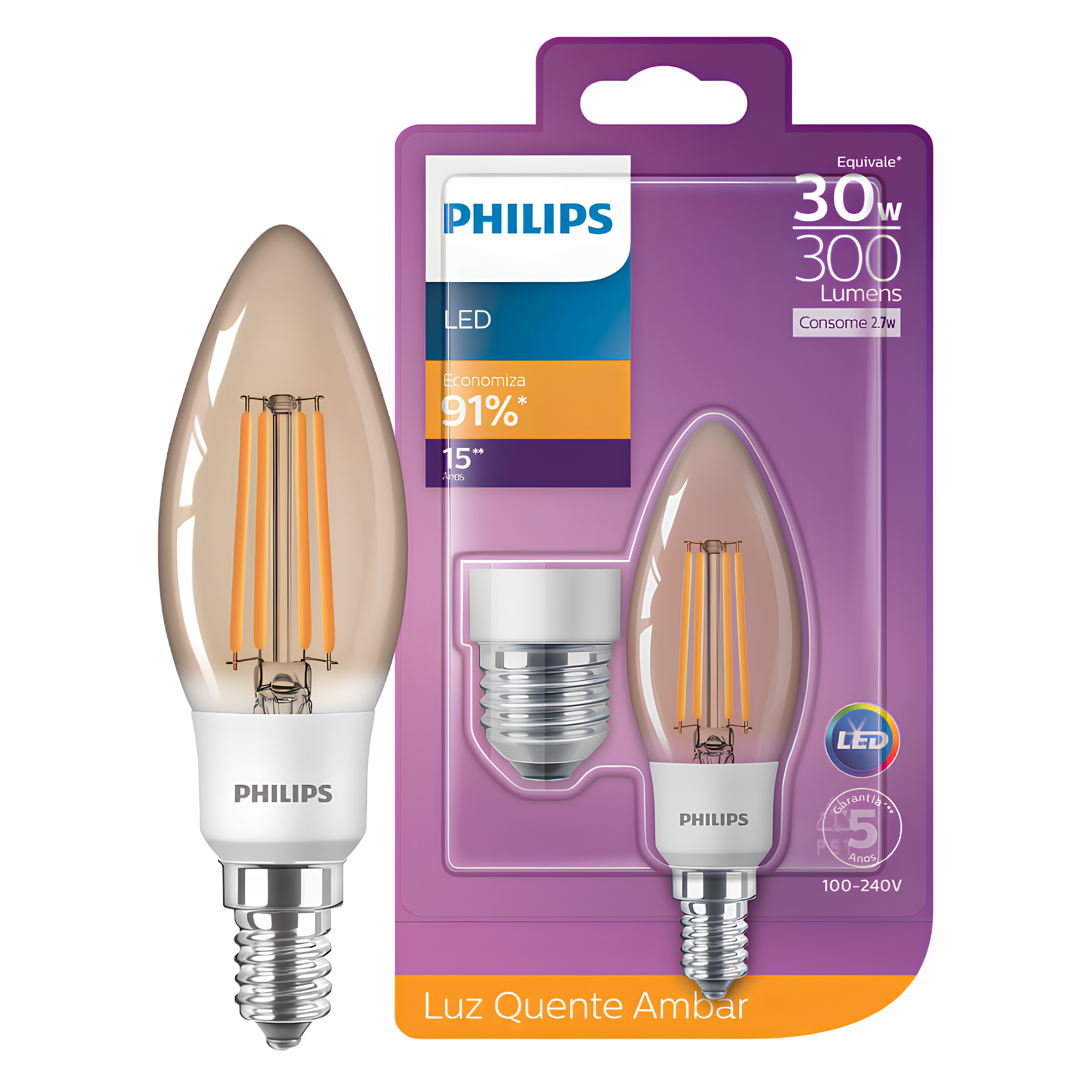 Lampada Led Vela Filamento 2,7W 2500K 300Lm 280° Philips