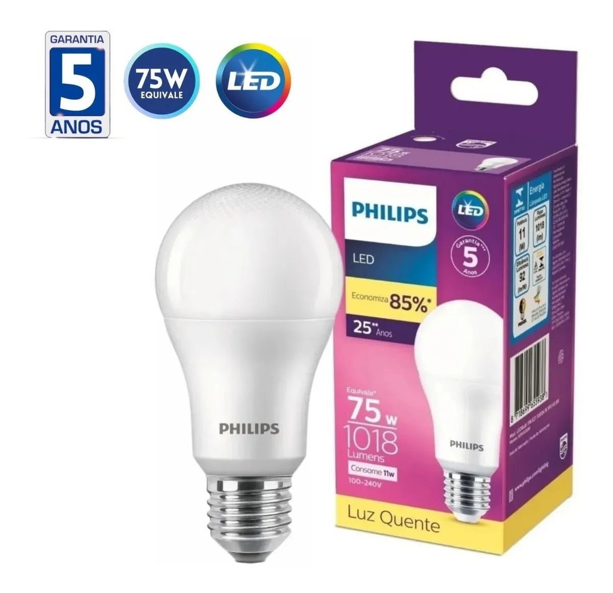 Lampada Led Bulbo 11W 1018Lm 180° Bivolt E27 Philips