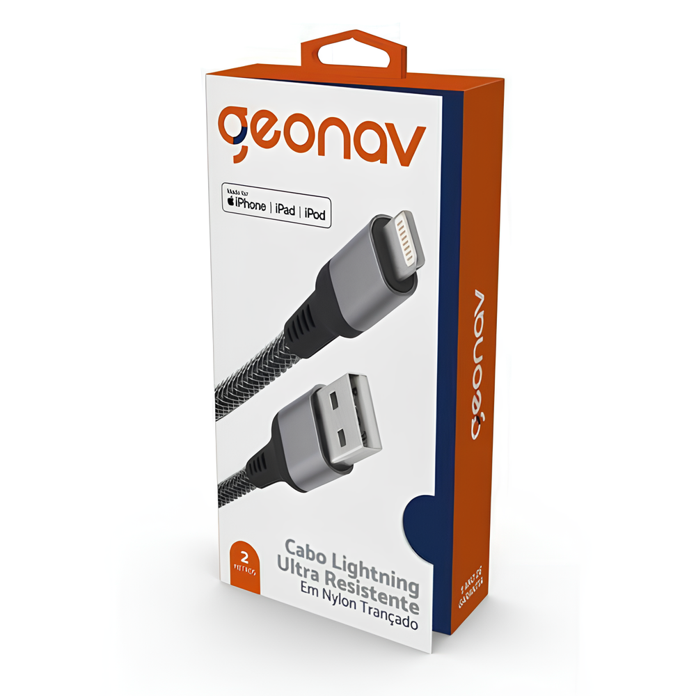 Cabo Lightning Nylon Reforçado 2m Cinza iPhone 7 8 X Geonav