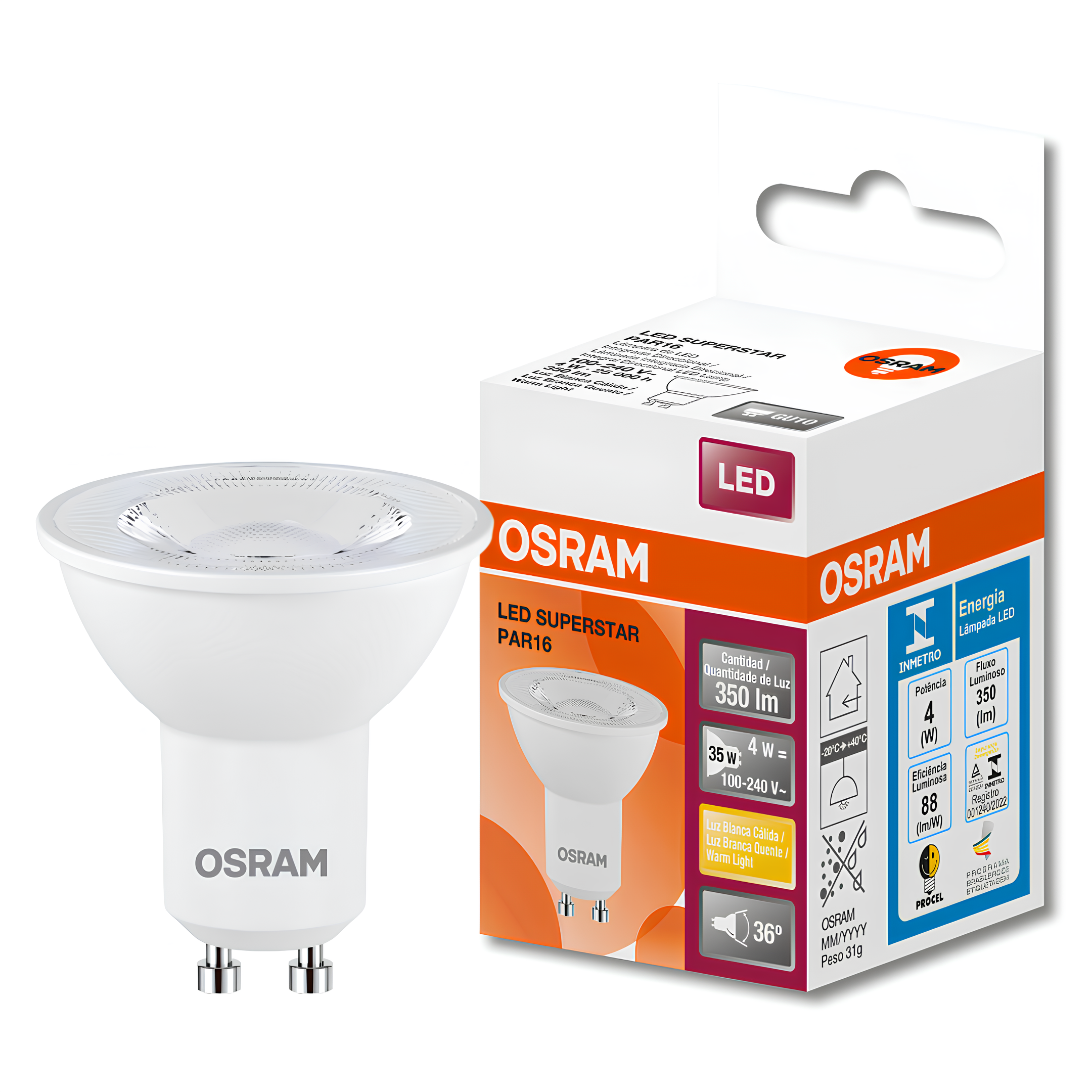 Lampada Led Dicroica Par16 4W 36° Ip20 Bivolt Gu10 Osram