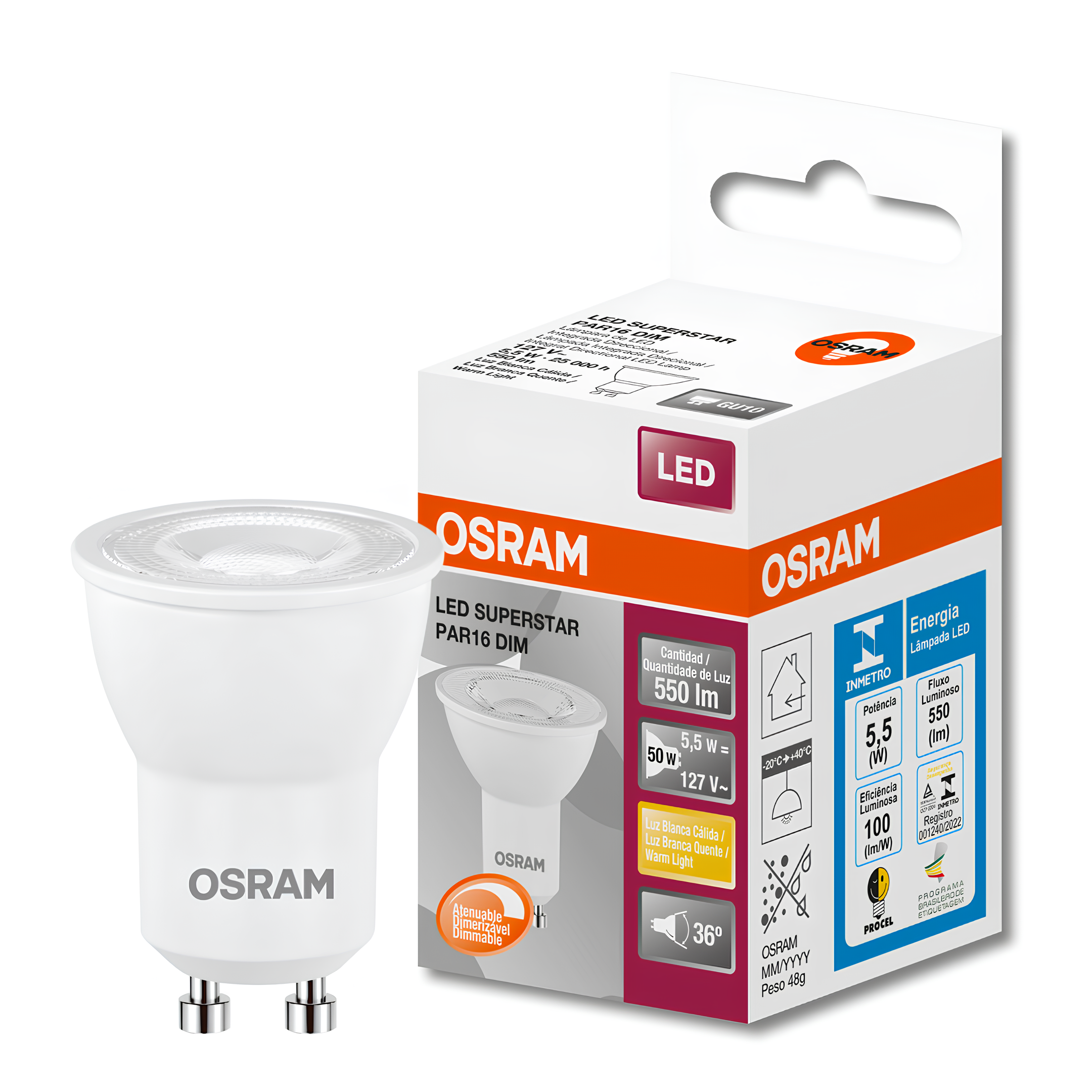 Lampada Led Dicroica Par16 Dim 5,5W 2700K 550Lm Gu10 Osram