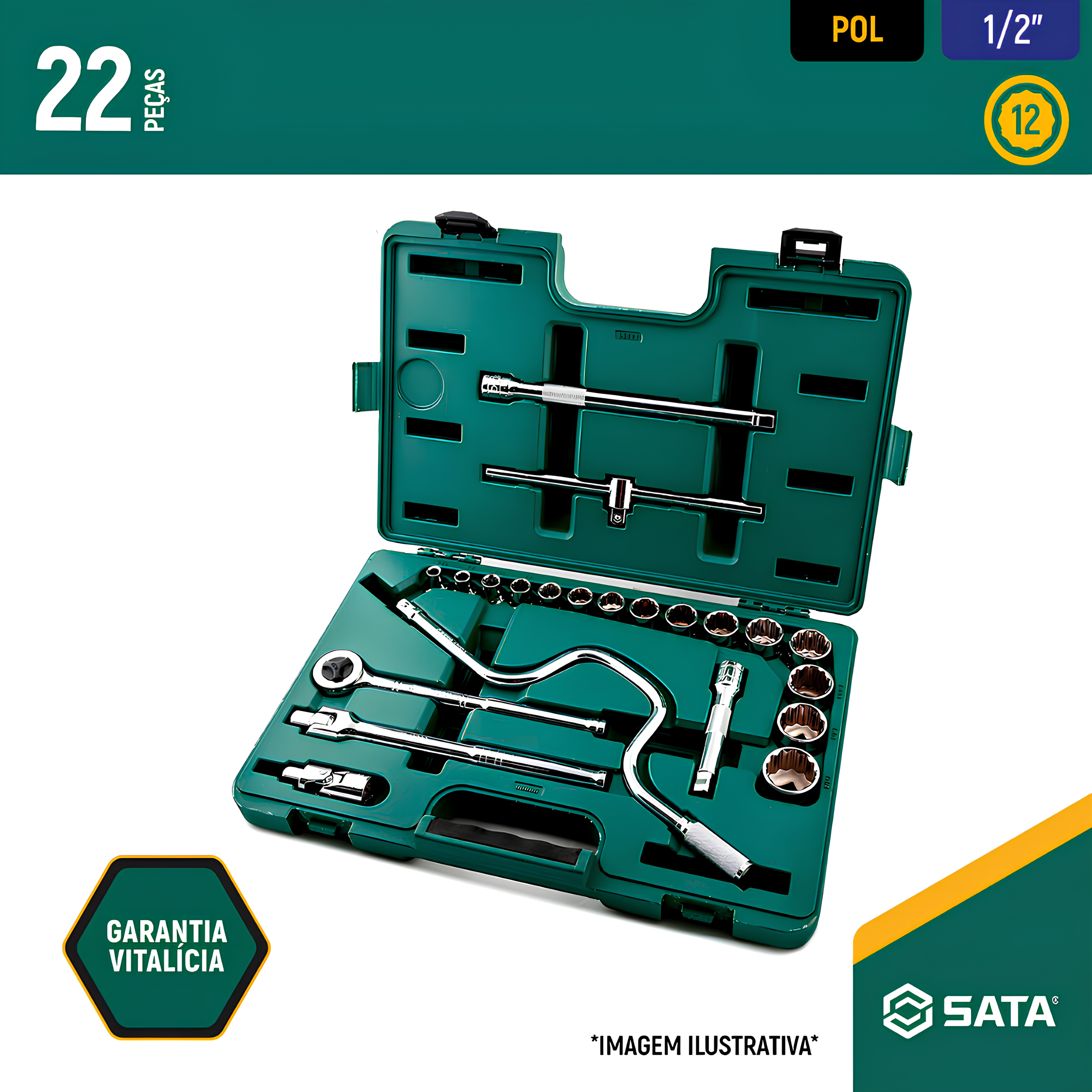 Jogo Soquetes Estriados 1/2" pol com 22 peças ST09088SJ Sata