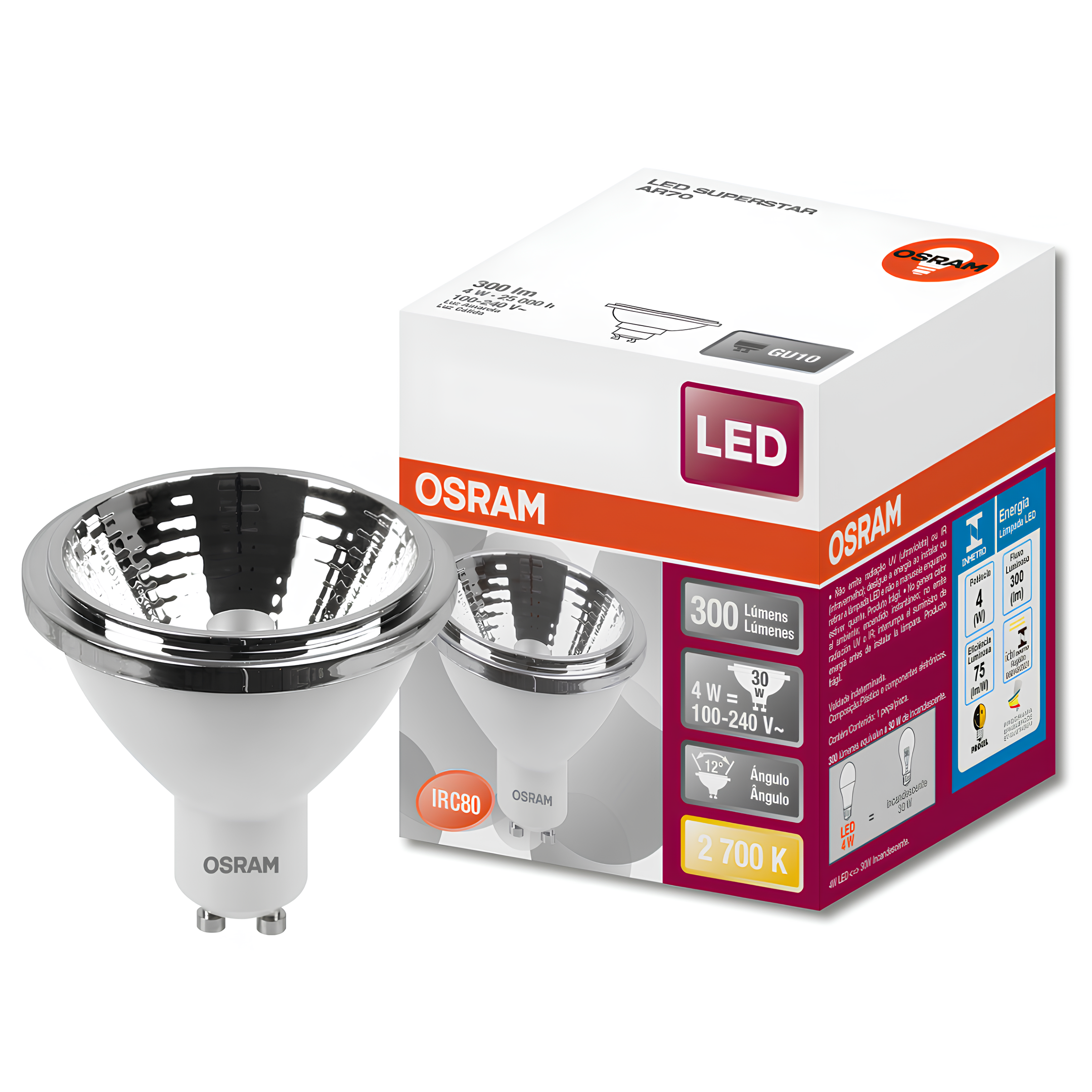 Lampada Led Ar70 4W 300Lm 12° Ip20 Bivolt Gu10 Osram
