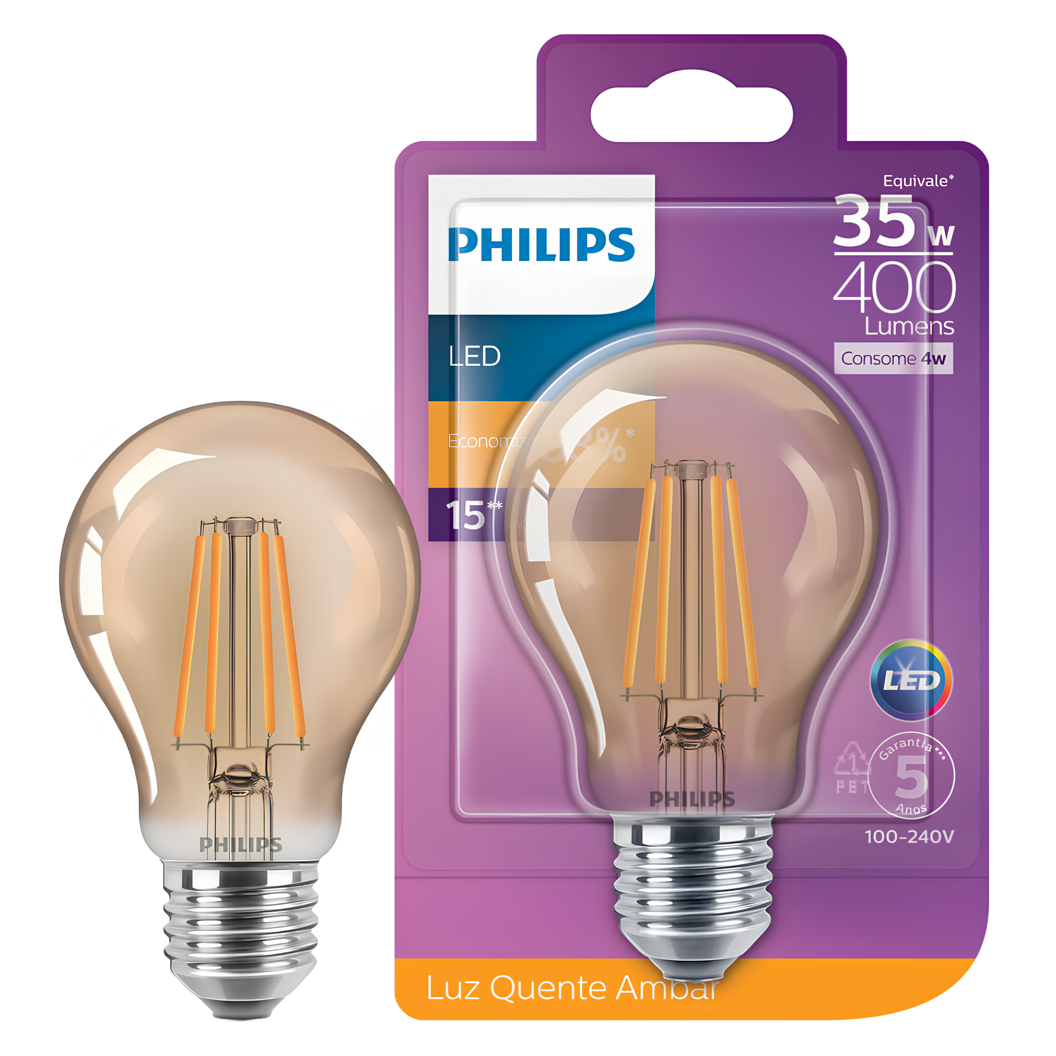 Lampada Led Filamento A60 4W 2500K 400Lm Ip20 E27 Bivolt Philips