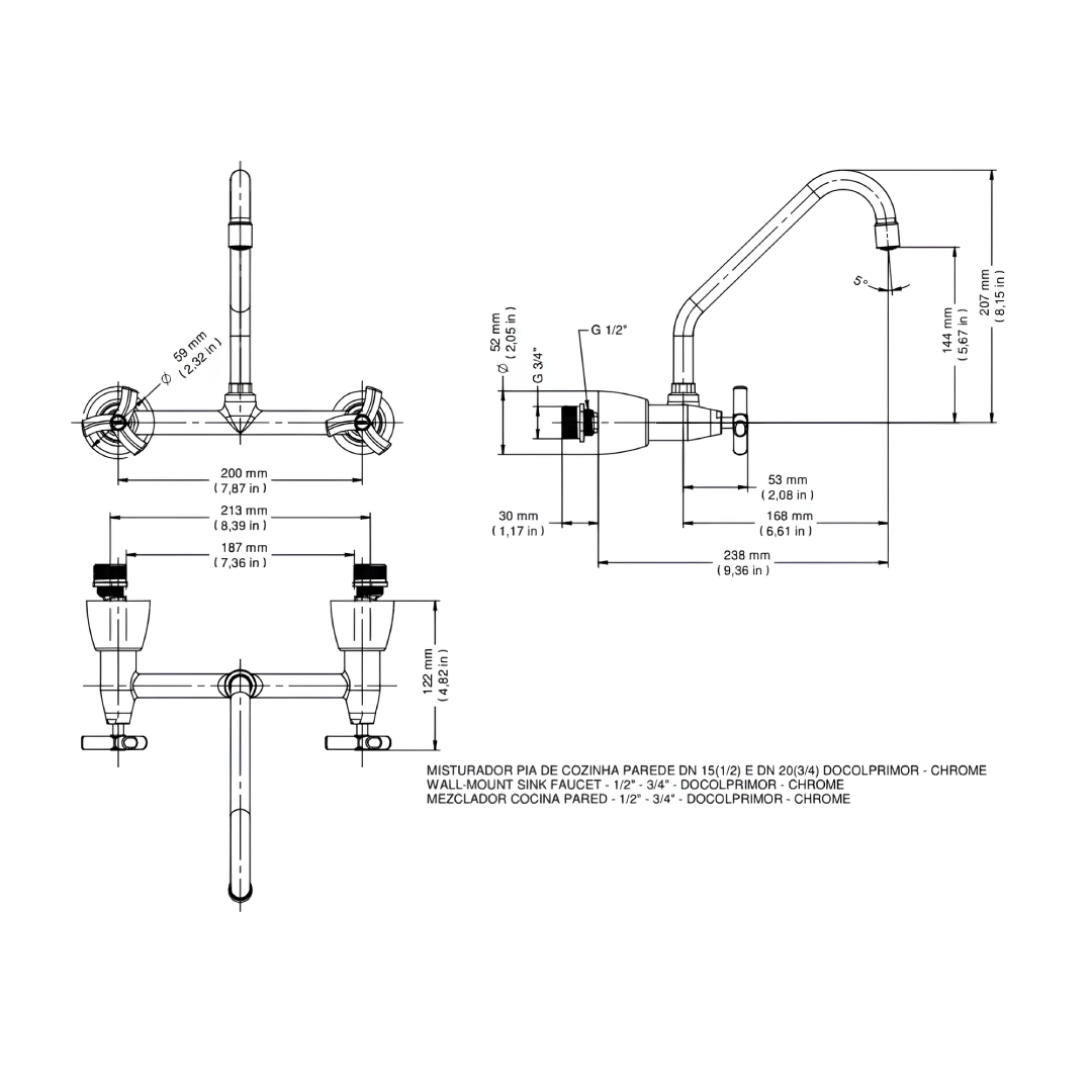 Misturador de Cozinha Parede Primor Cromado 00673806 Docol