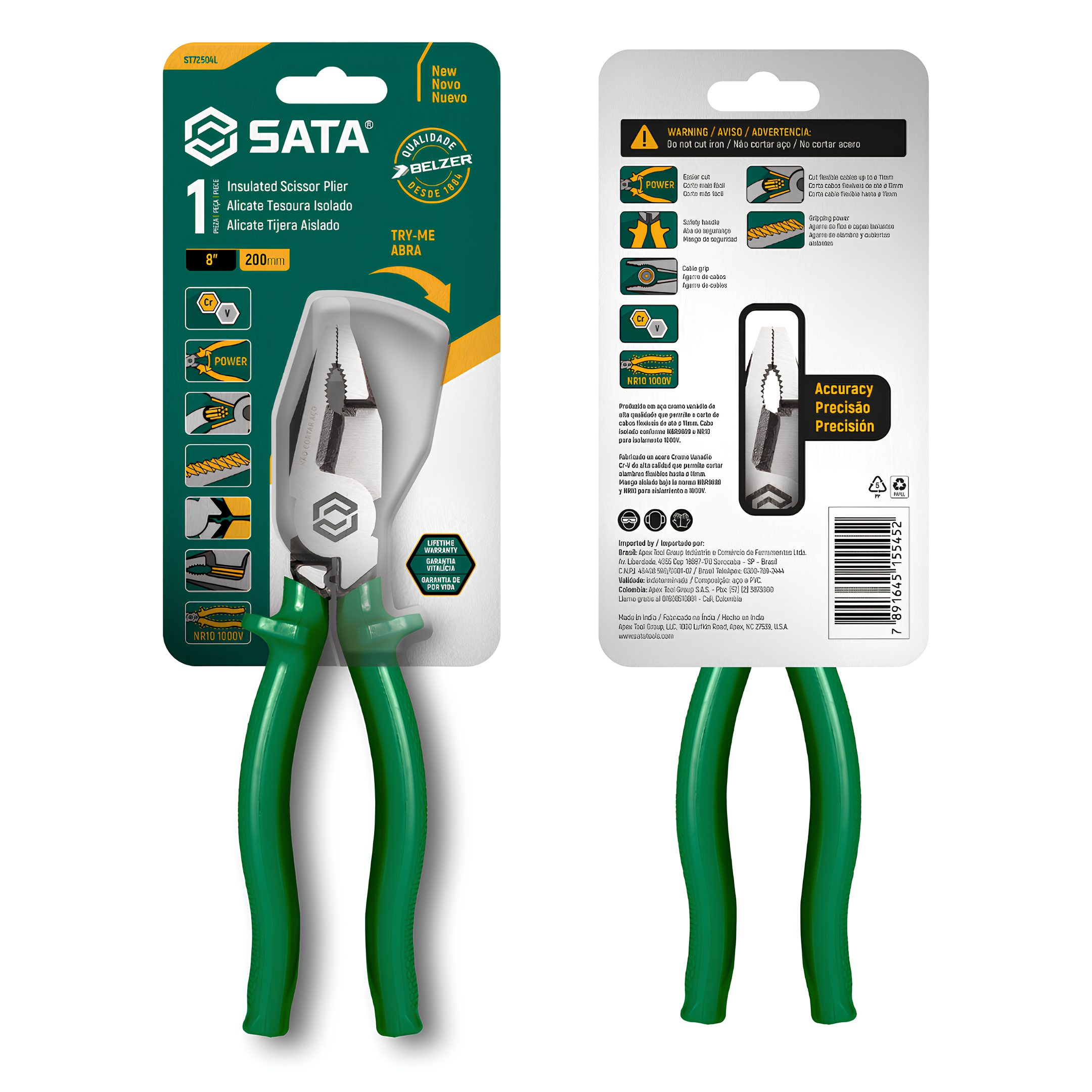Alicate Corte Tesoura Profissional Isolado 8" ST72504L Sata