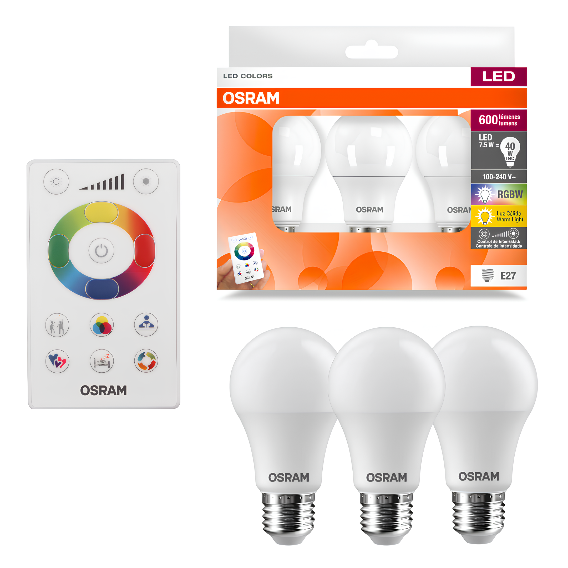 Pack 3 Lampada Led Bulbo Rgbw 7,5W 600Lm Bivolt E27 Osram