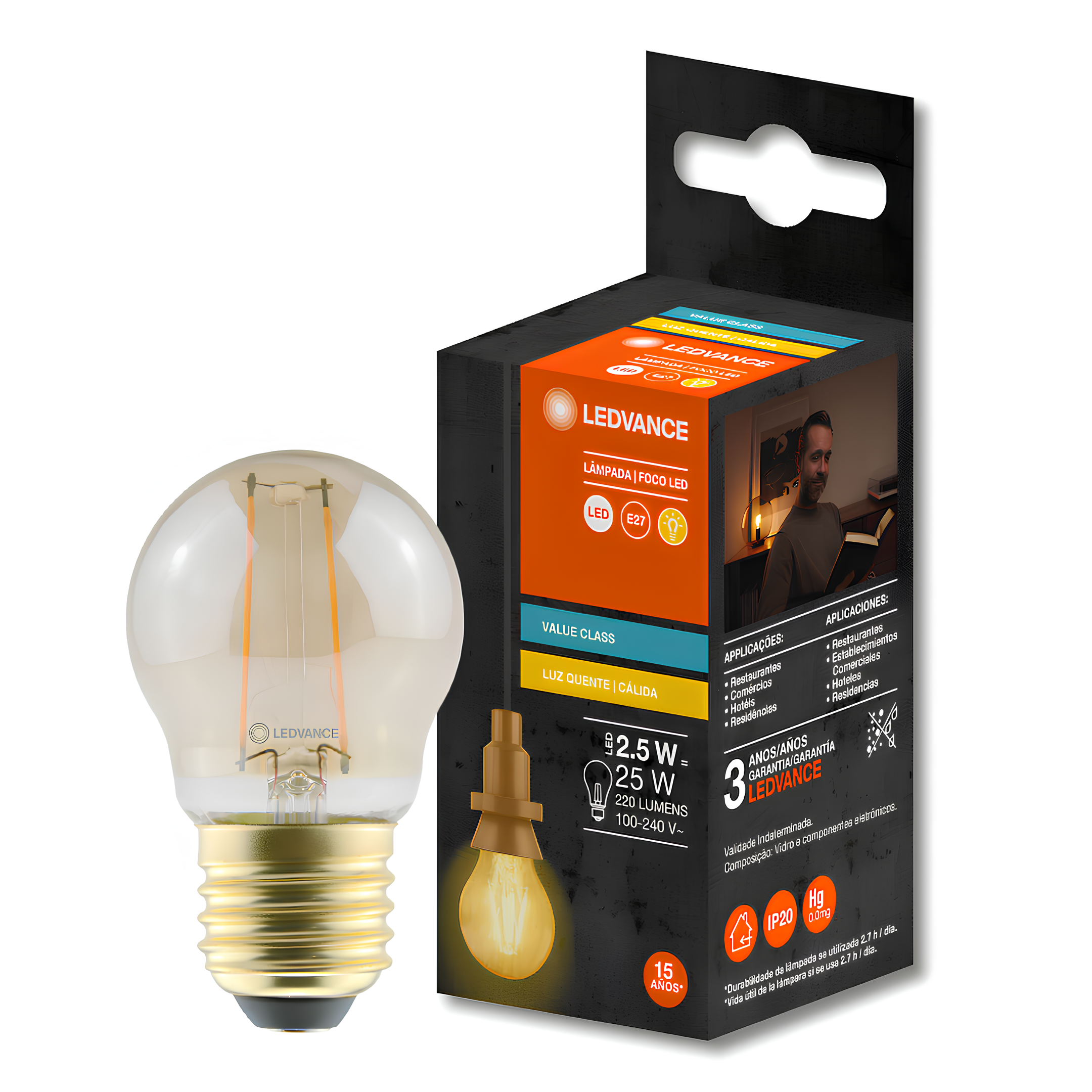 Lampada Bolinha Filamento Vintage 2,5W 2500K 220Lm Bivolt Ledvance