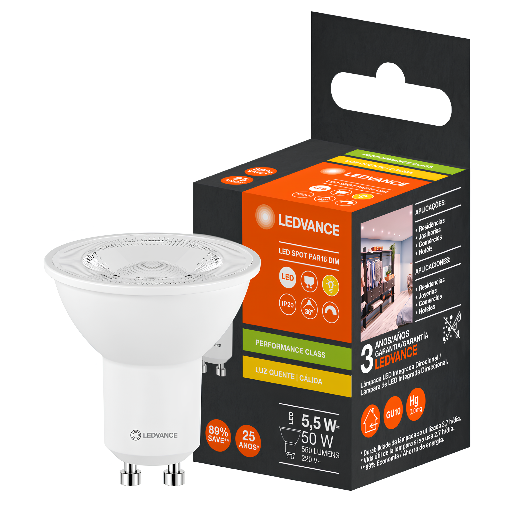 Lampada Dicroica Par16 Dim 5,5W 2700K 550Lm 36° 220V Gu10 Ledvance