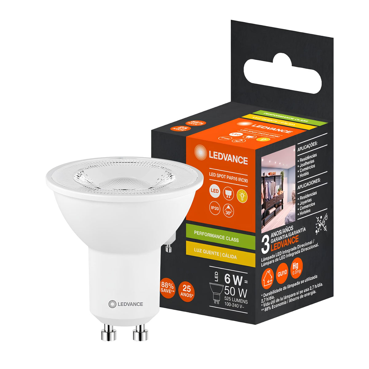 Lampada Led Dicroica Par16 Irc90 6W 2700K 525Lm 36° Gu10 Ledvance