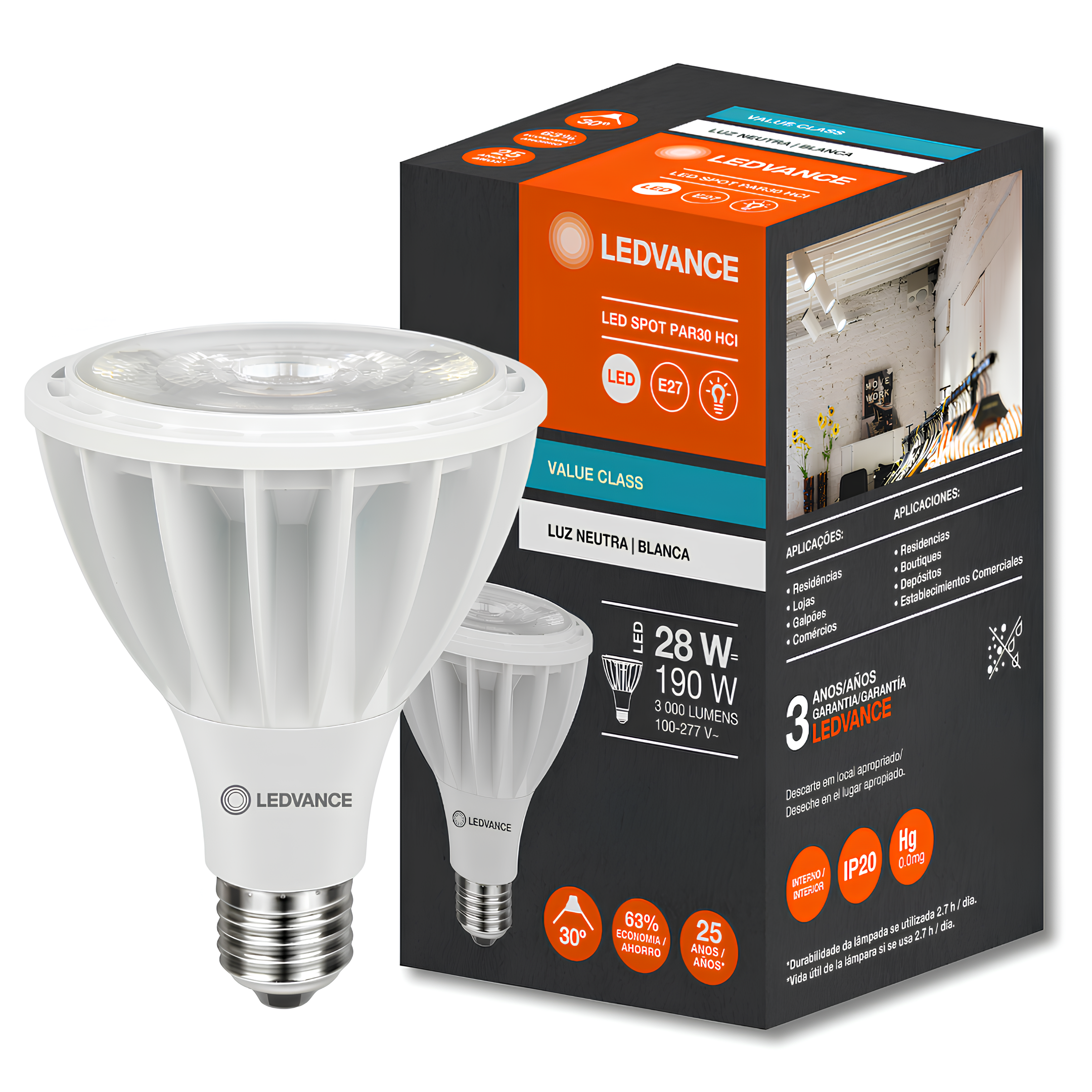 Lampada Led Par30 Hci Irc80 28W 3000Lm 30° Bivolt Ledvance