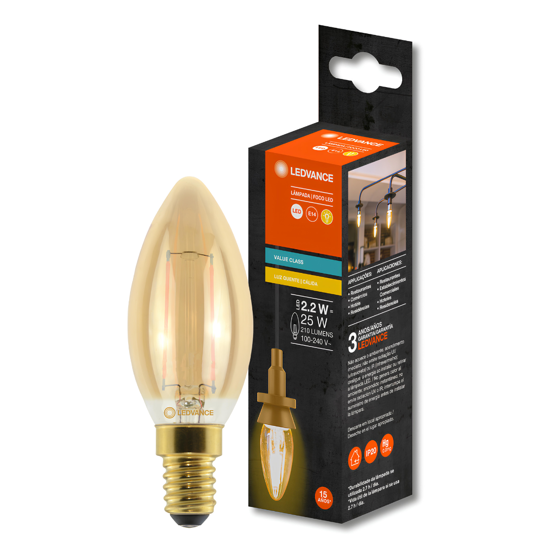 Lampada Led Vela Filamento Vintage 2,2W 2500K 210Lm 320