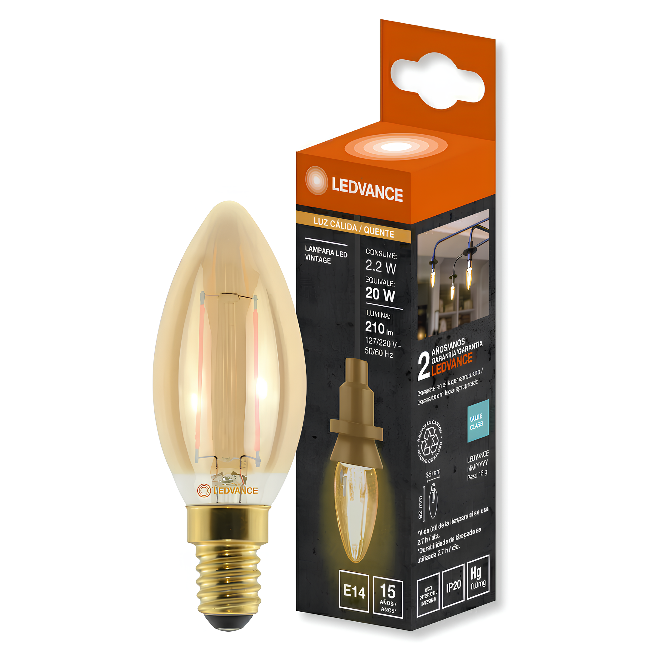 Lampada Led Vela Filamento Vintage 2,2W 2500K 210Lm Bivolt Ledvance