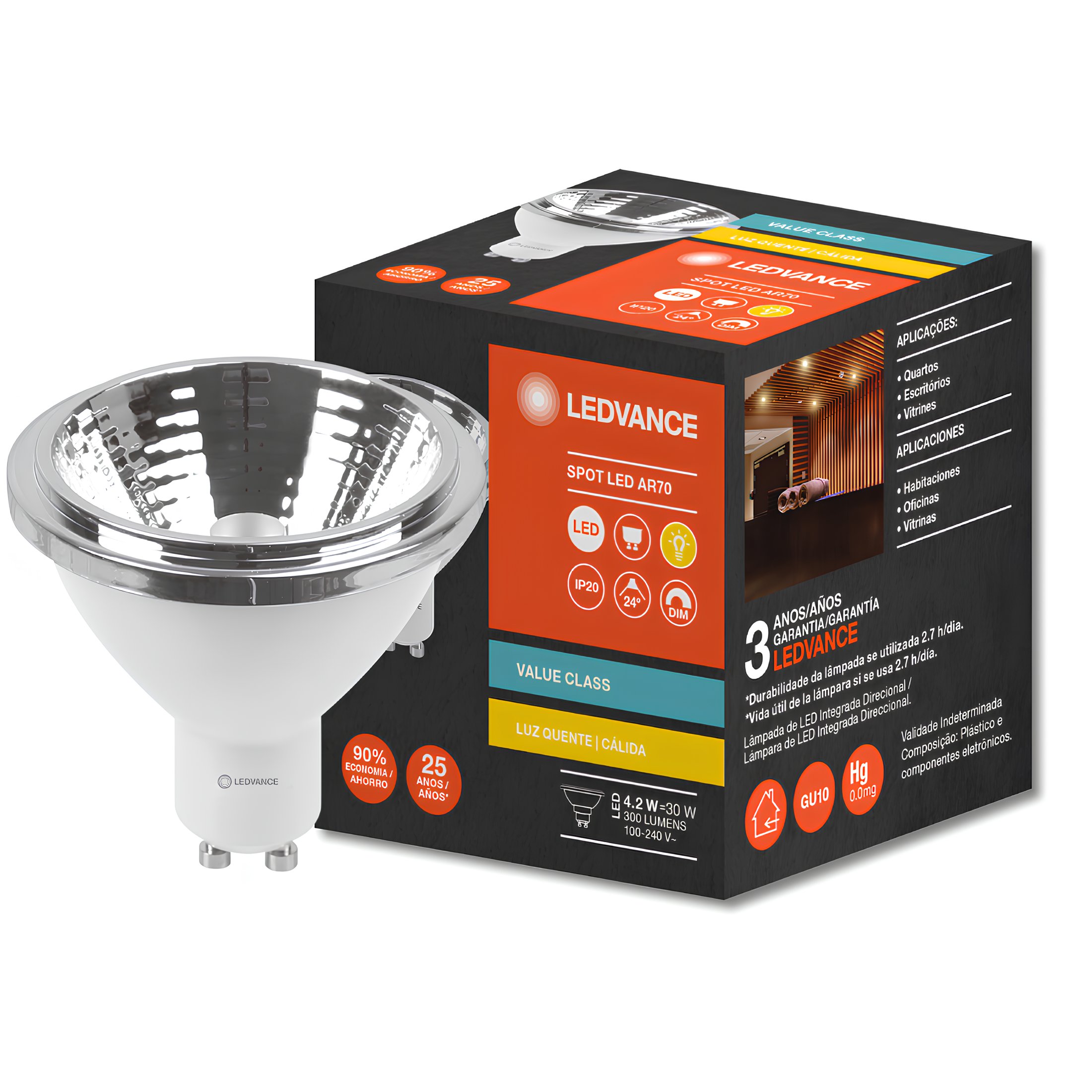 Lampada Led Ar70 Dimerizavel 4,2W 2700K 300Lm Gu10 Bivolt 7020045 Ledvance