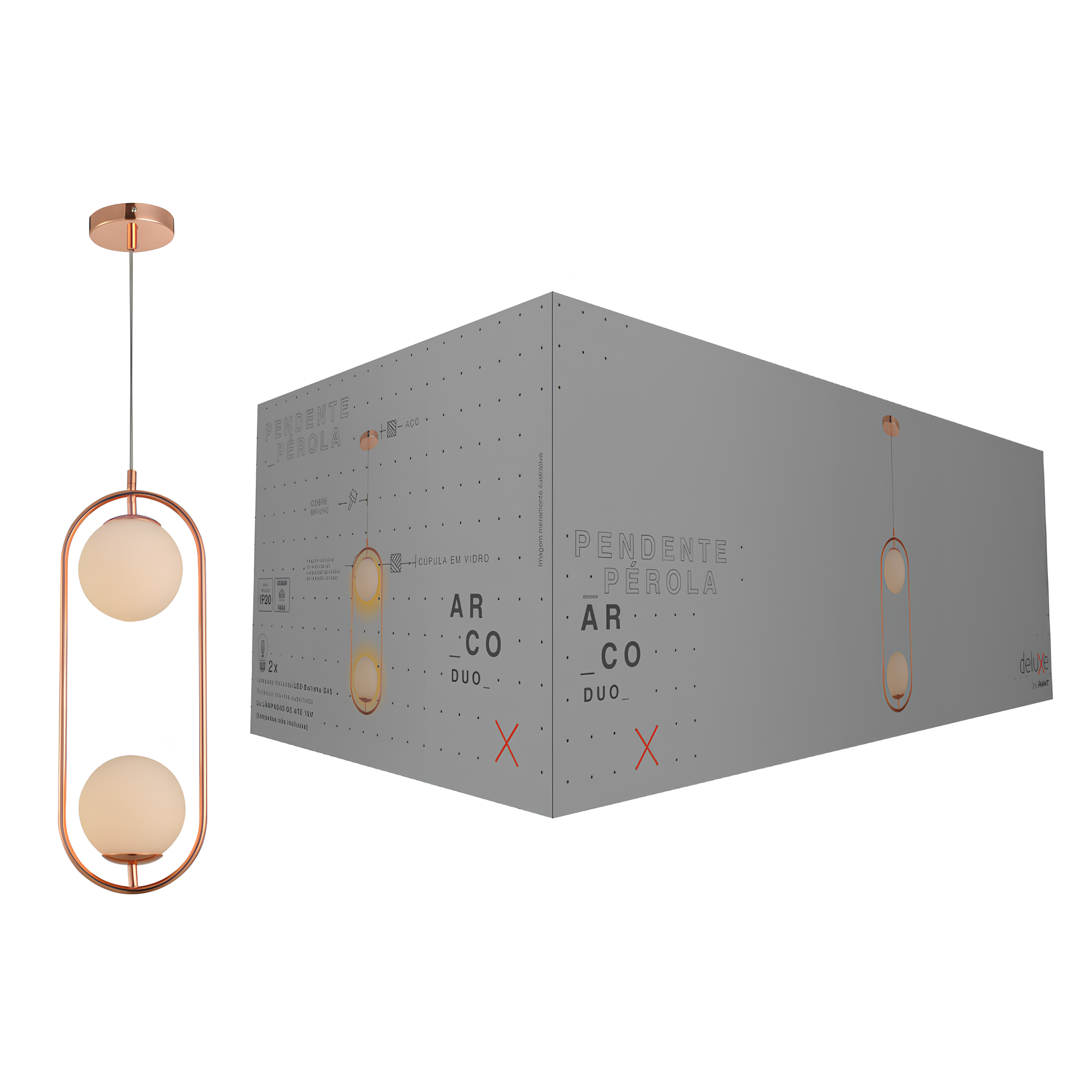 Pendente Pérola Aço 2xG45 54x20cm Aço e Vidro Ip20 E27 Avant