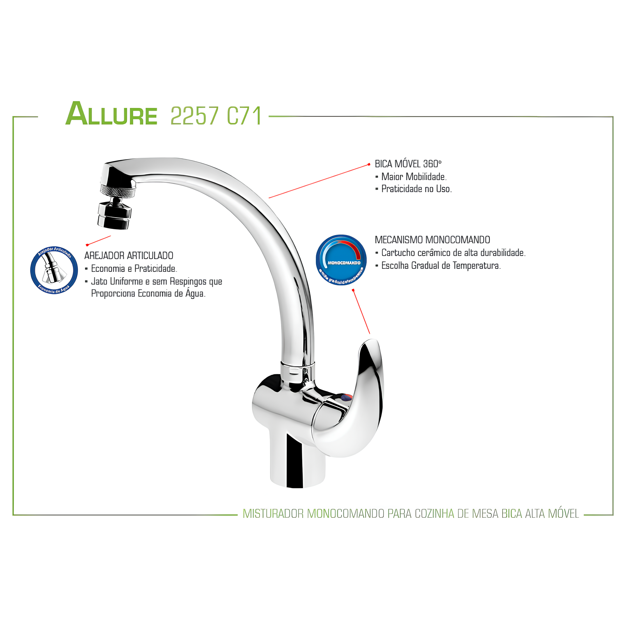 Misturador Monocomando Allure Bica Alta 2257 Lorenzetti
