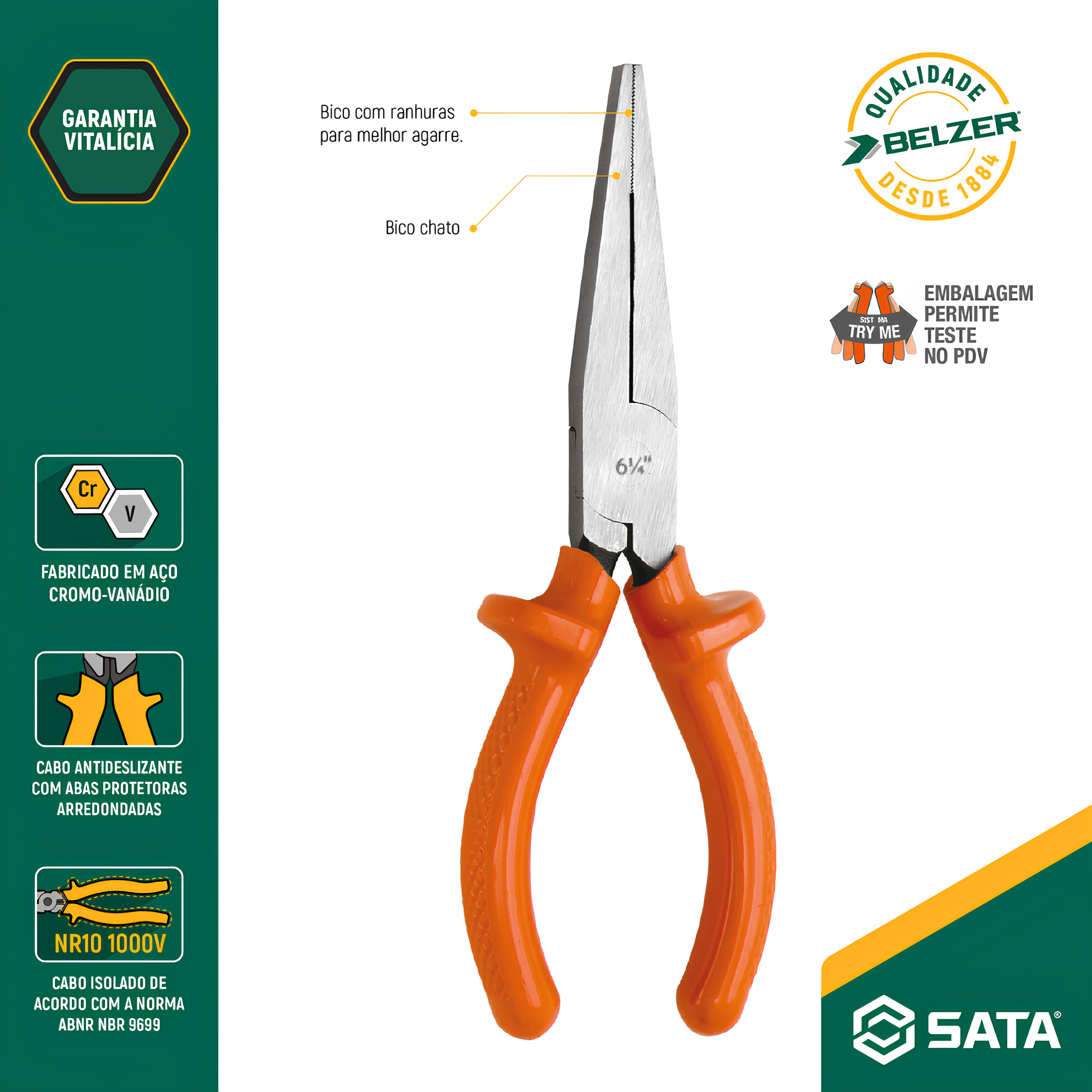 Alicate De Bico Chato Longo 6.1/4” St70614g Sata