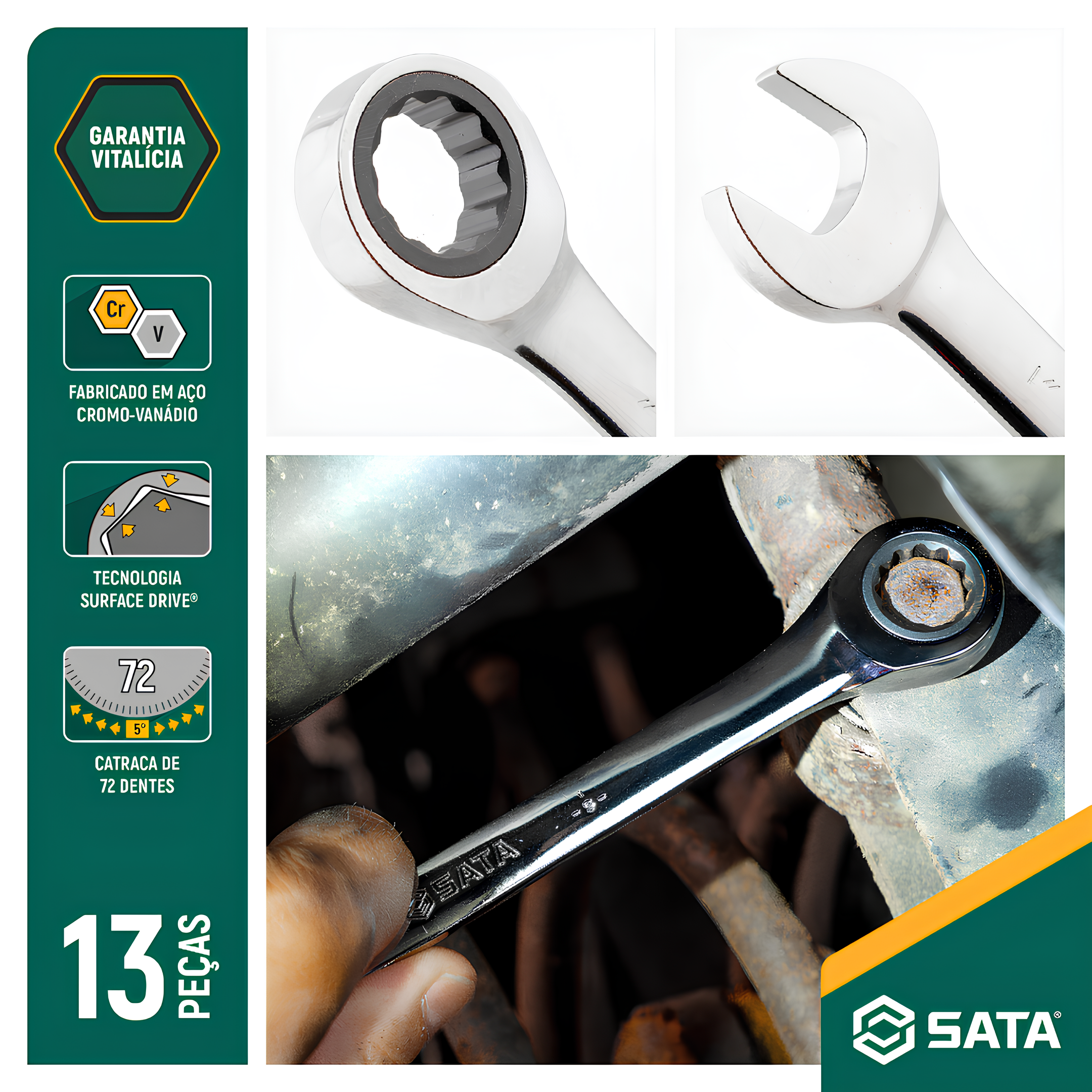 Jogo De Chave Combinada Catraca 1/4” A 1” 13 Peças St09040g Sata
