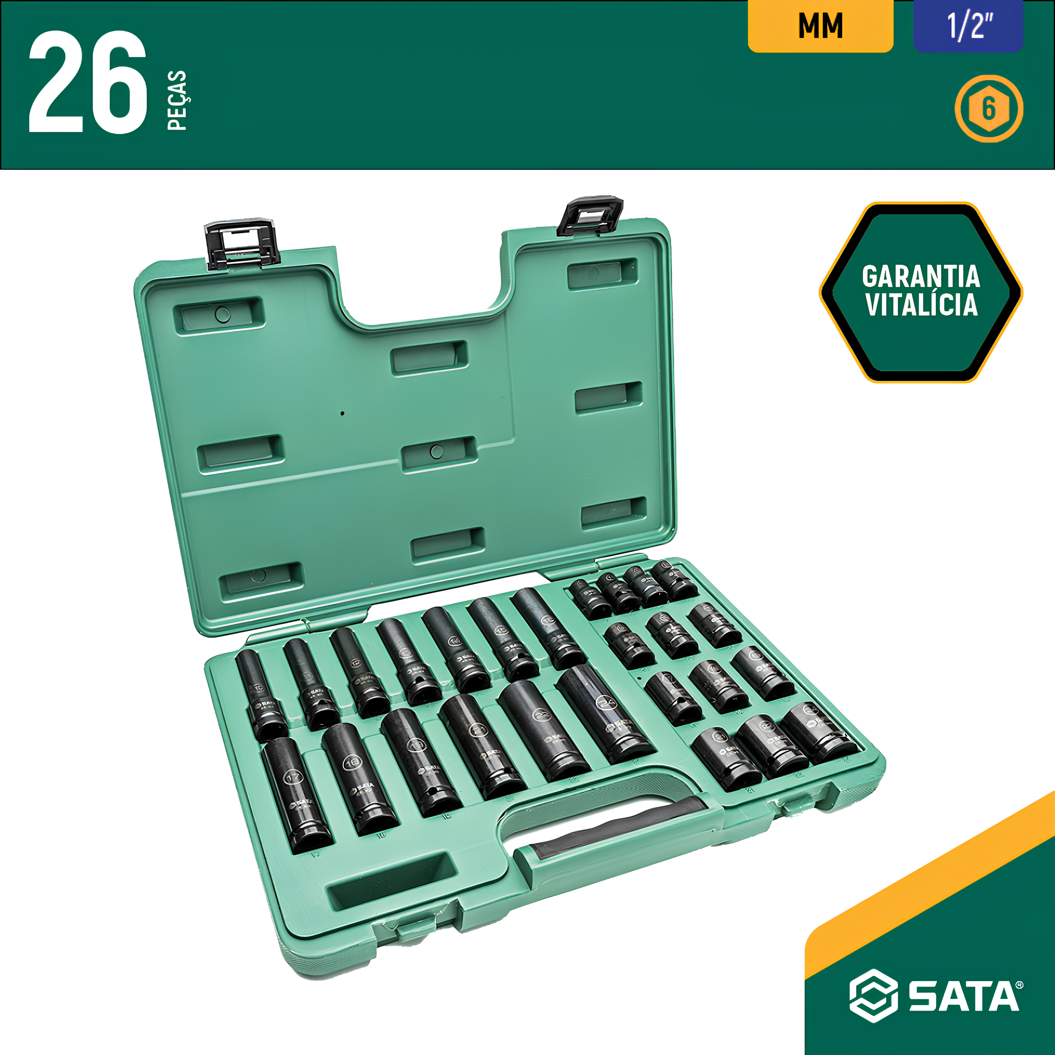 Jogo Soquete Impacto Parede Fina Curto/Longo 1/2" 26 Peças Sata