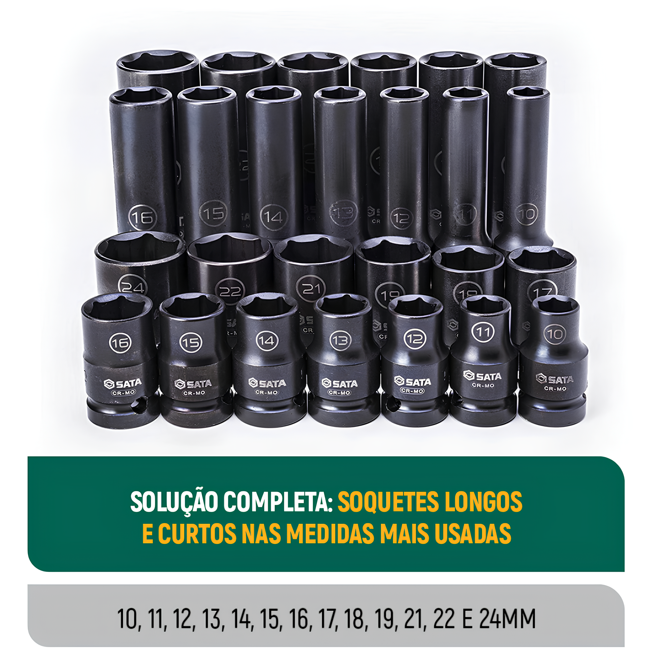 Jogo Soquete Impacto Parede Fina Curto/Longo 1/2" 26 Peças Sata