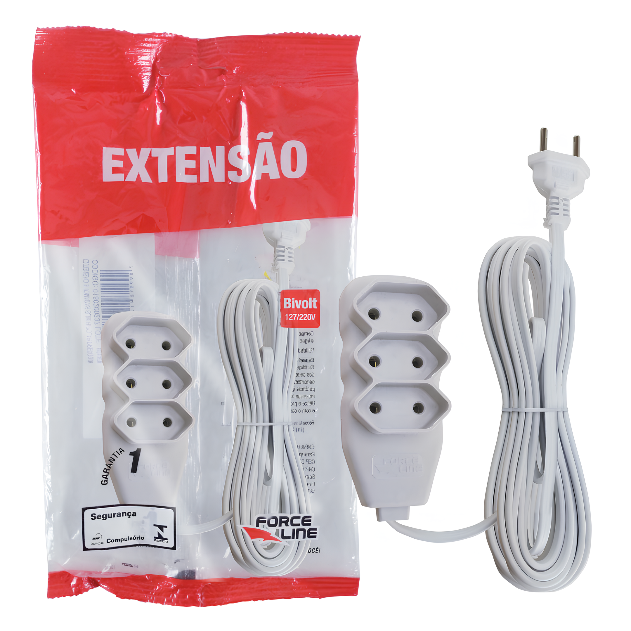 Extensão 10 Metros 10A Bipolar Branca 3 Tomadas Slim Forceline