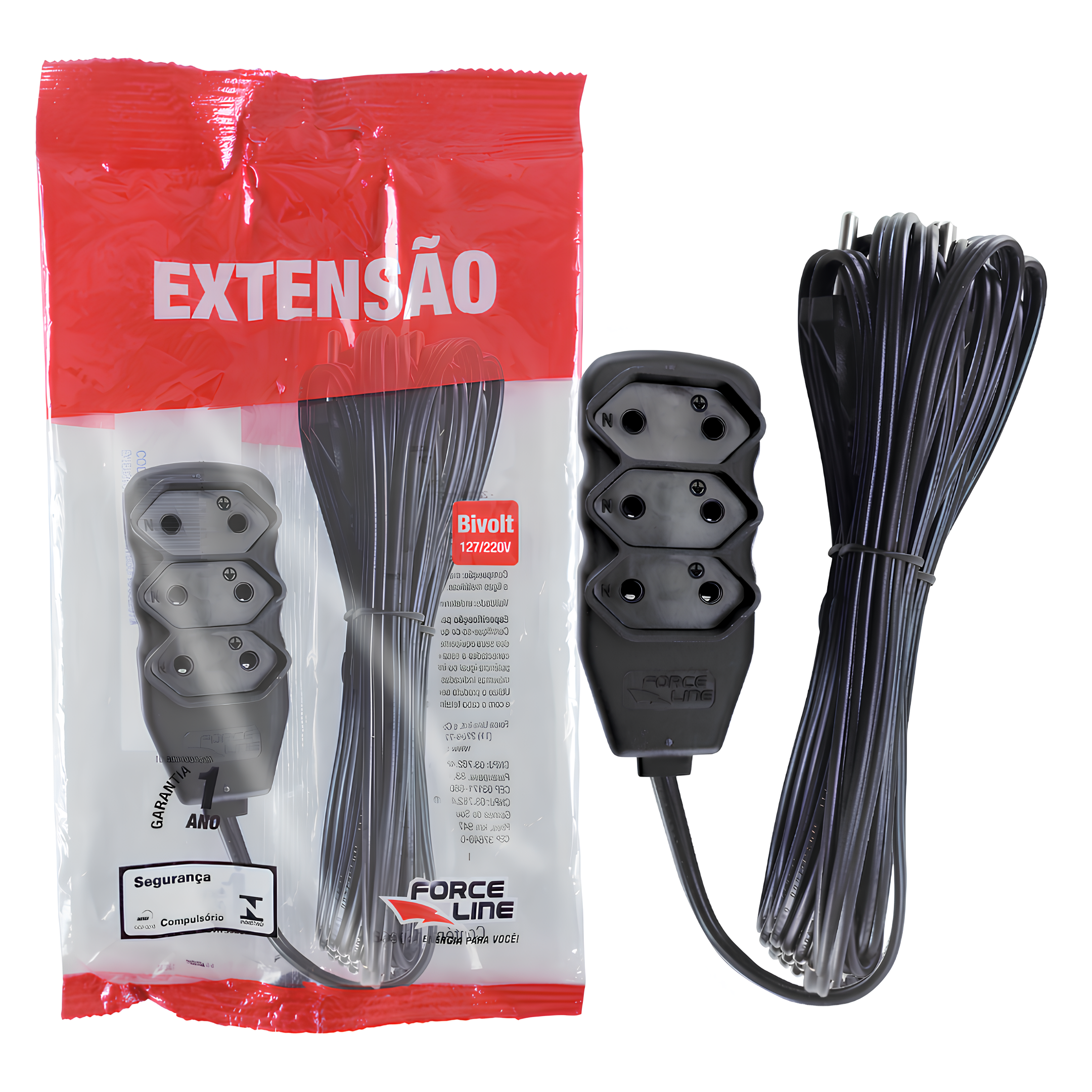 Extensão 10 Metros 10A Bipolar Preta 3 Tomadas Slim Forceline