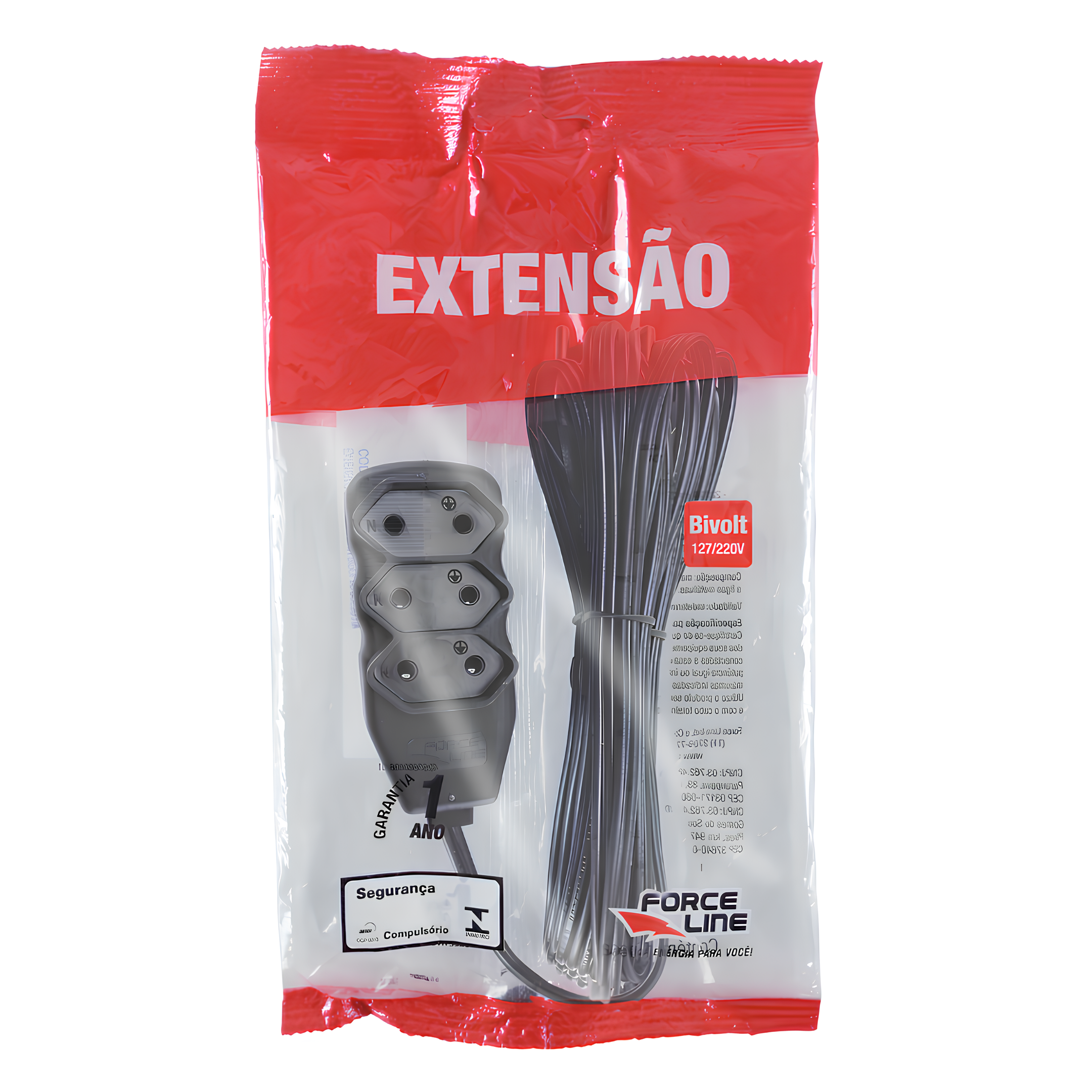 Extensão 10 Metros 10A Bipolar Preta 3 Tomadas Slim Forceline