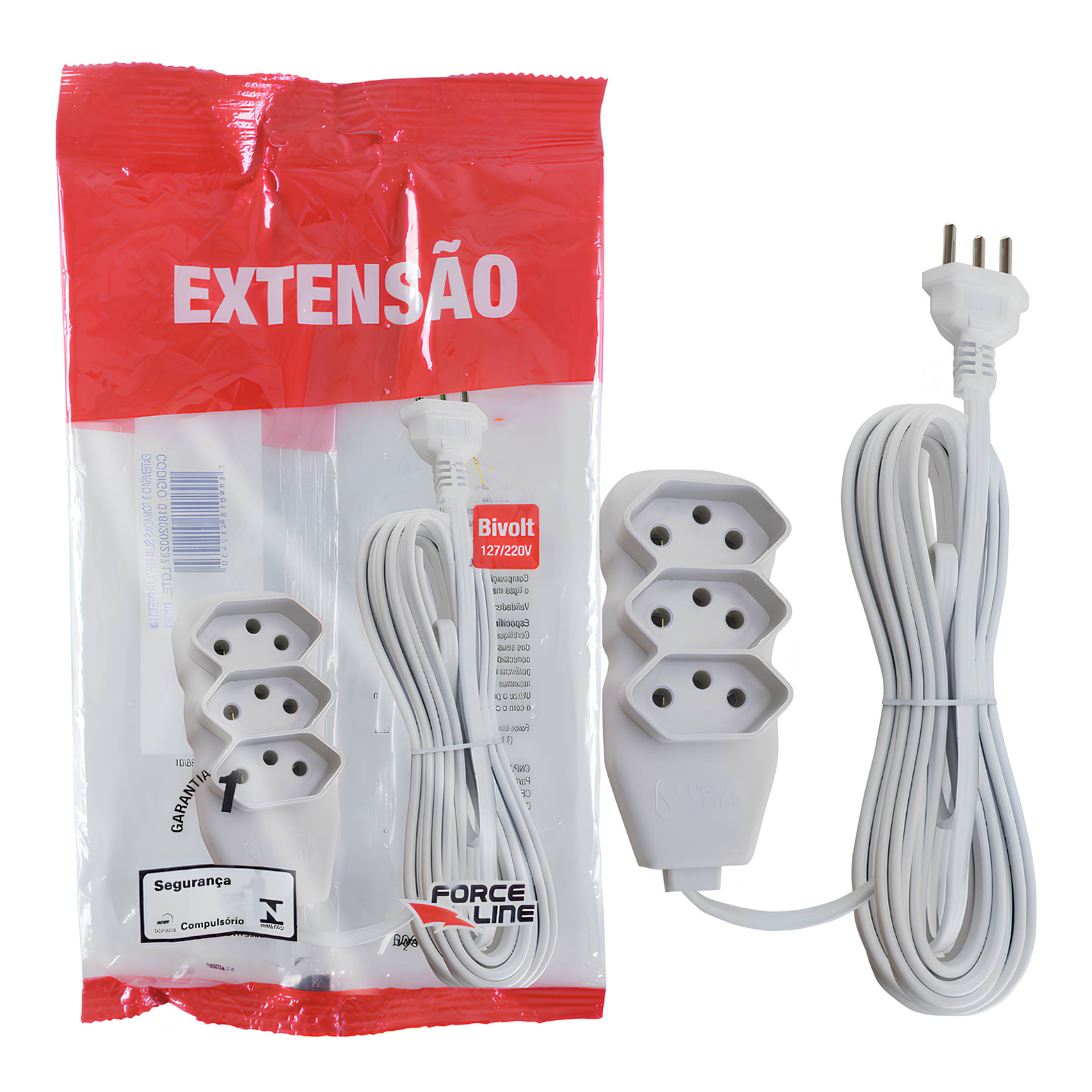 Extensão 10 Metros 10A Tripolar Branca 3 Tomadas Slim Forceline