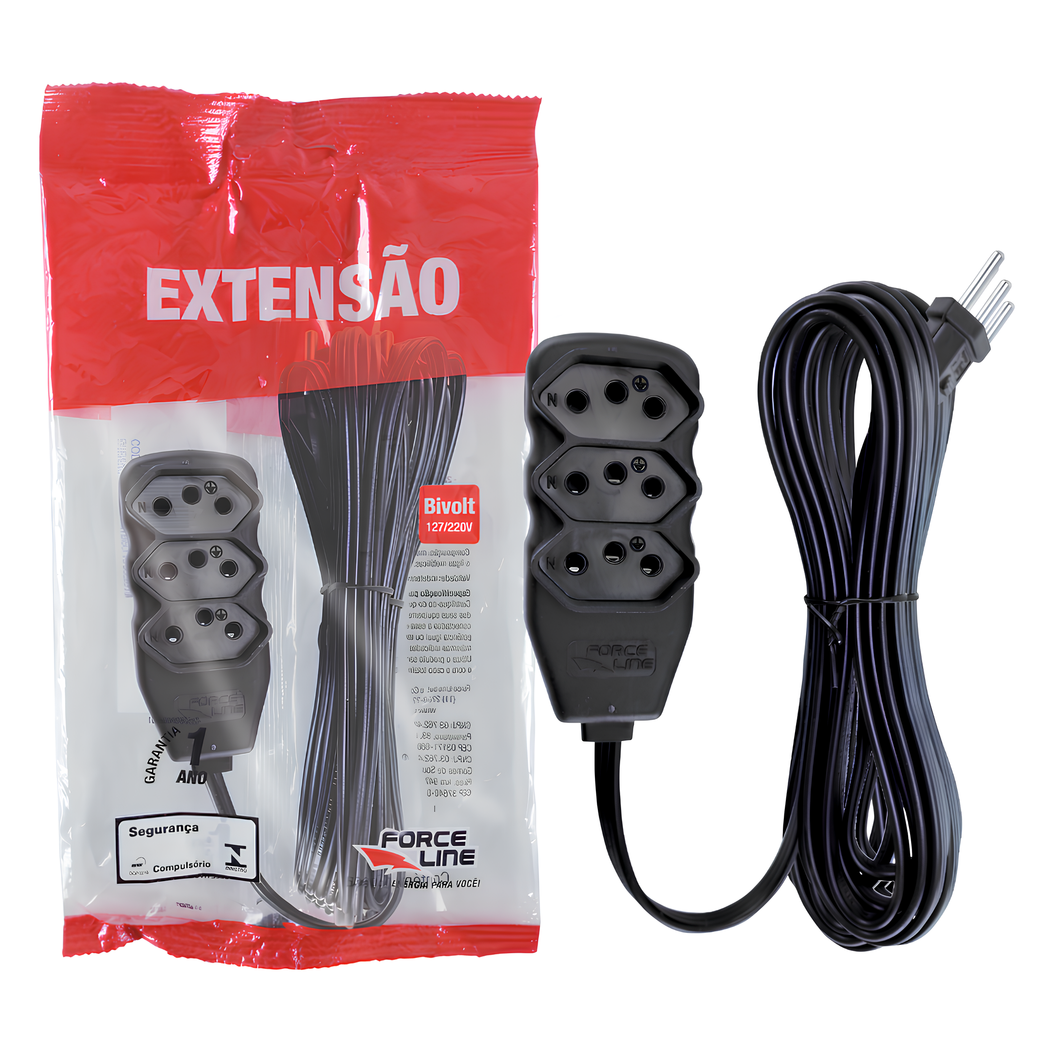 Extensão 10 Metros 10A Tripolar Preto 3 Tomadas Slim Forceline