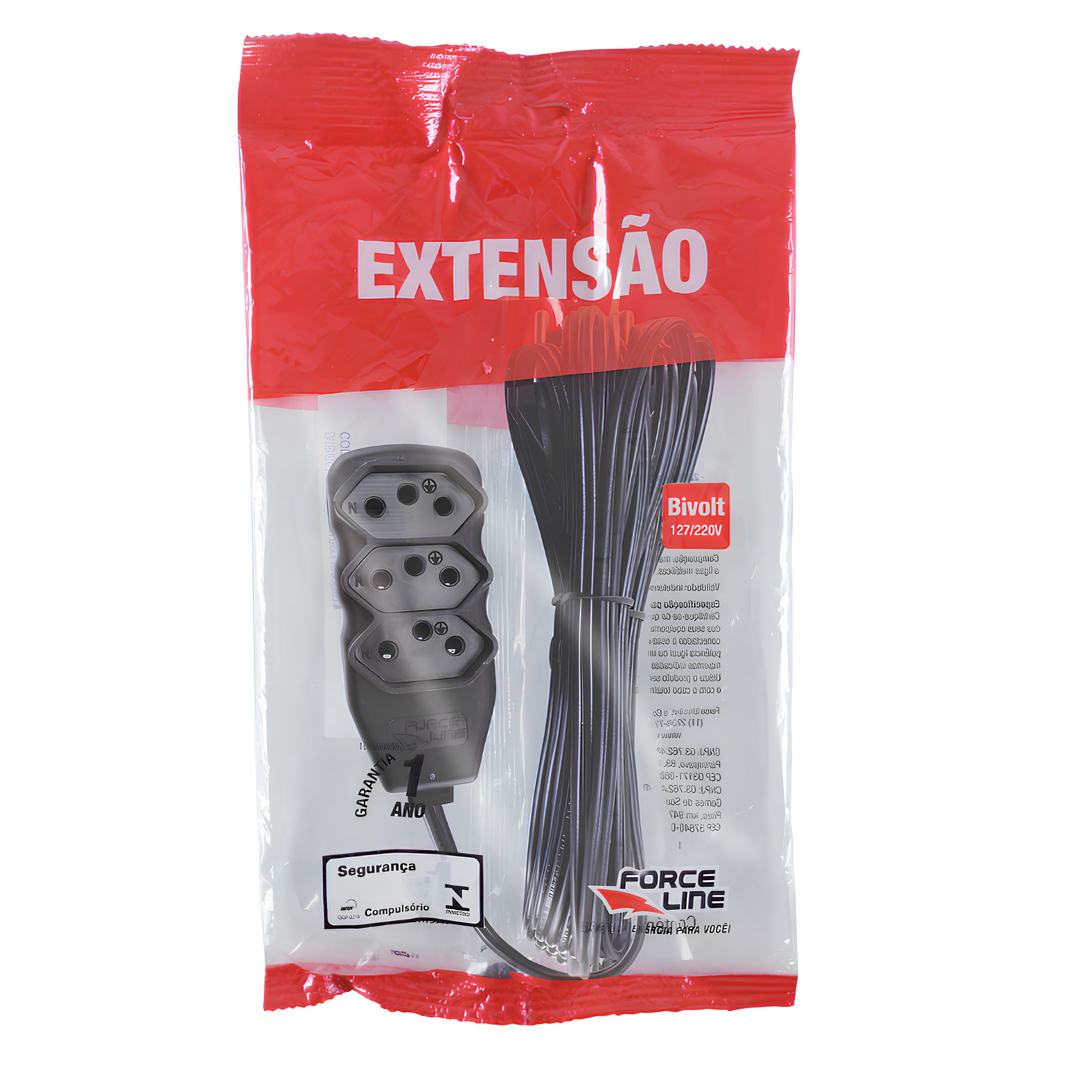 Extensão 10 Metros 10A Tripolar Preto 3 Tomadas Slim Forceline