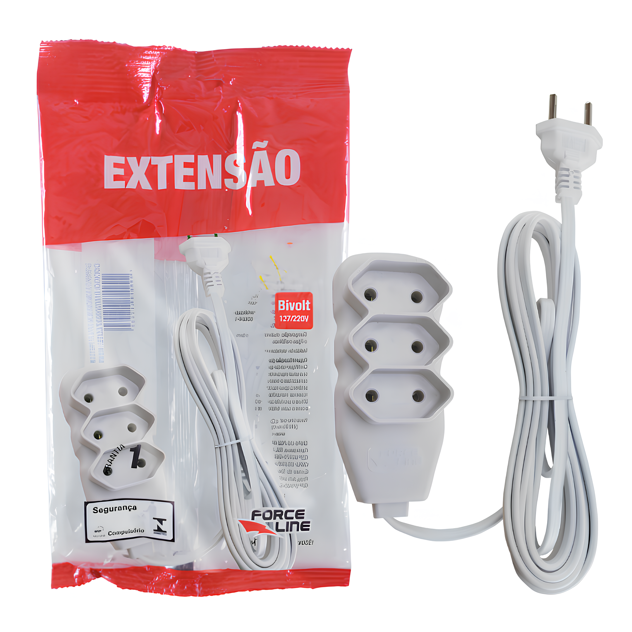 Extensão 3 Metros 10A Bipolar Branca 3 Tomadas Slim Forceline