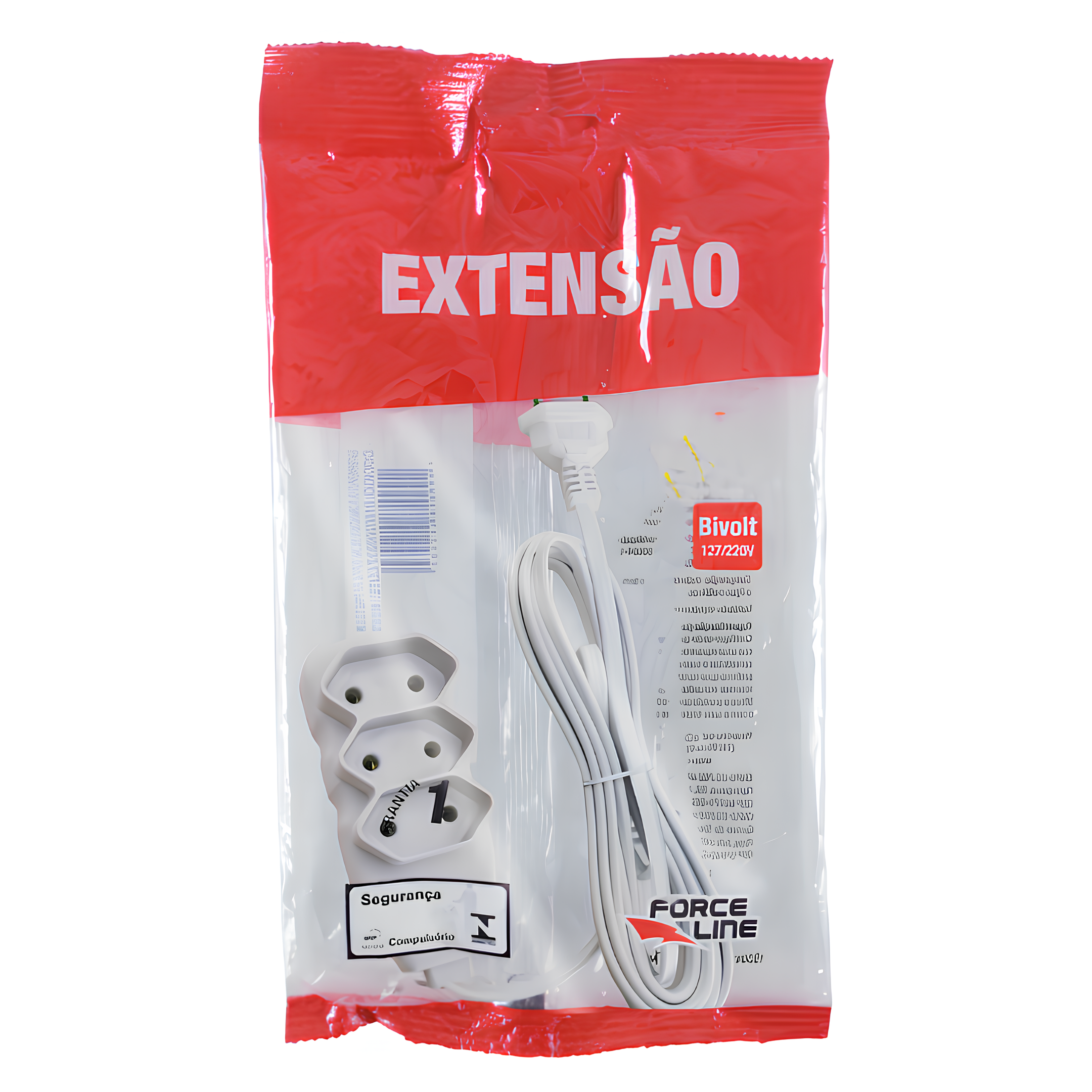 Extensão 3 Metros 10A Bipolar Branca 3 Tomadas Slim Forceline
