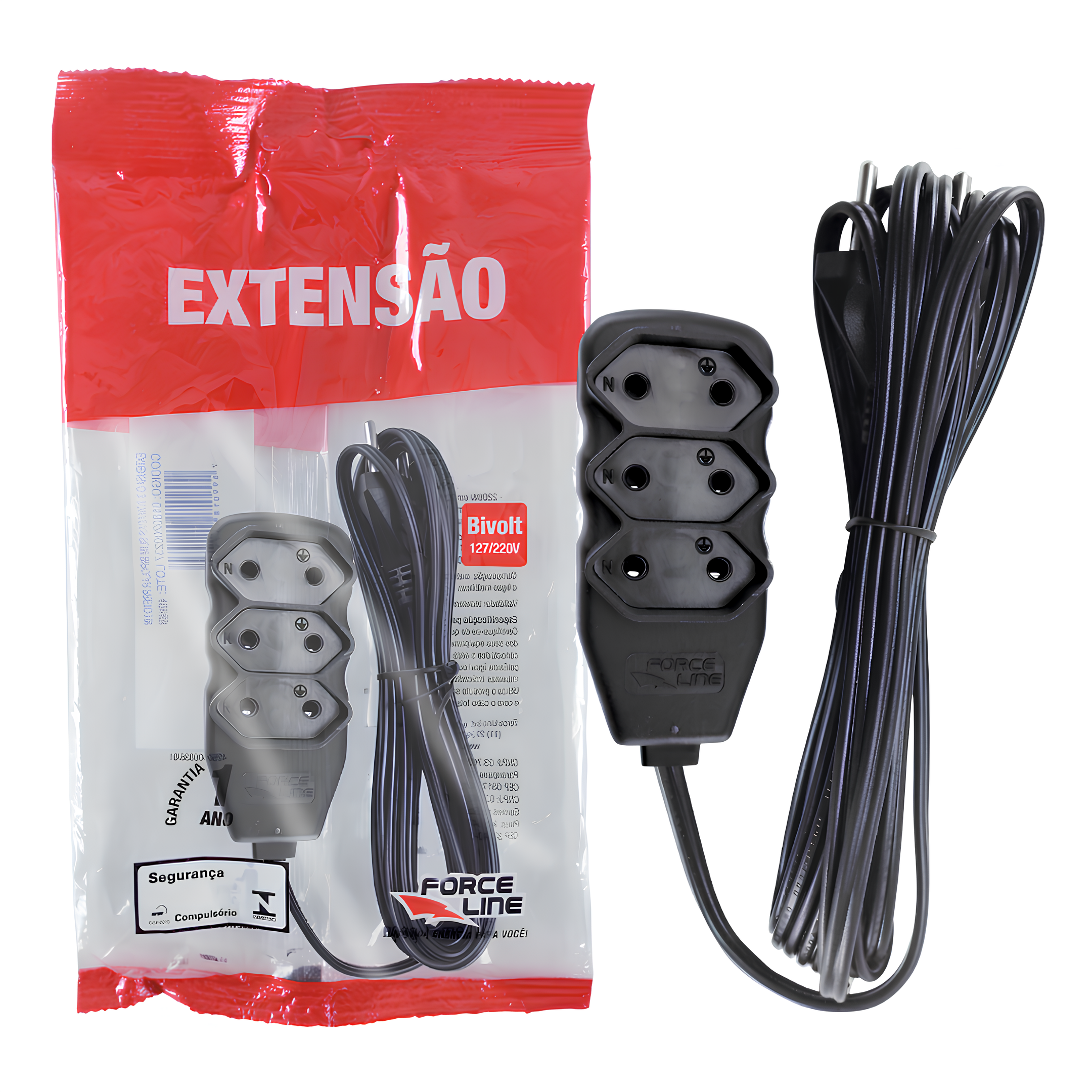 Extensão 3 Metros 10A Bipolar Preta 3 Tomadas Slim Forceline
