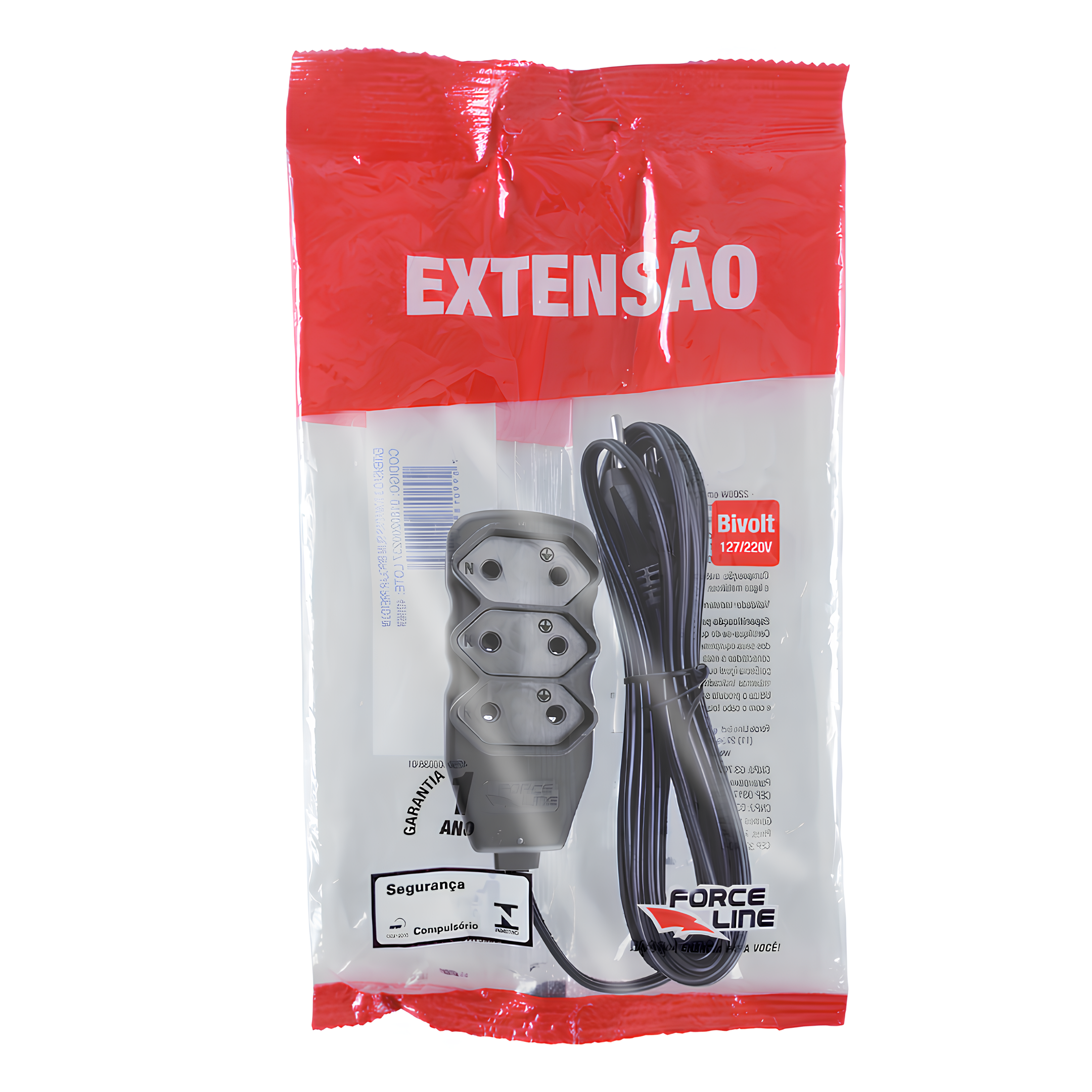 Extensão 3 Metros 10A Bipolar Preta 3 Tomadas Slim Forceline