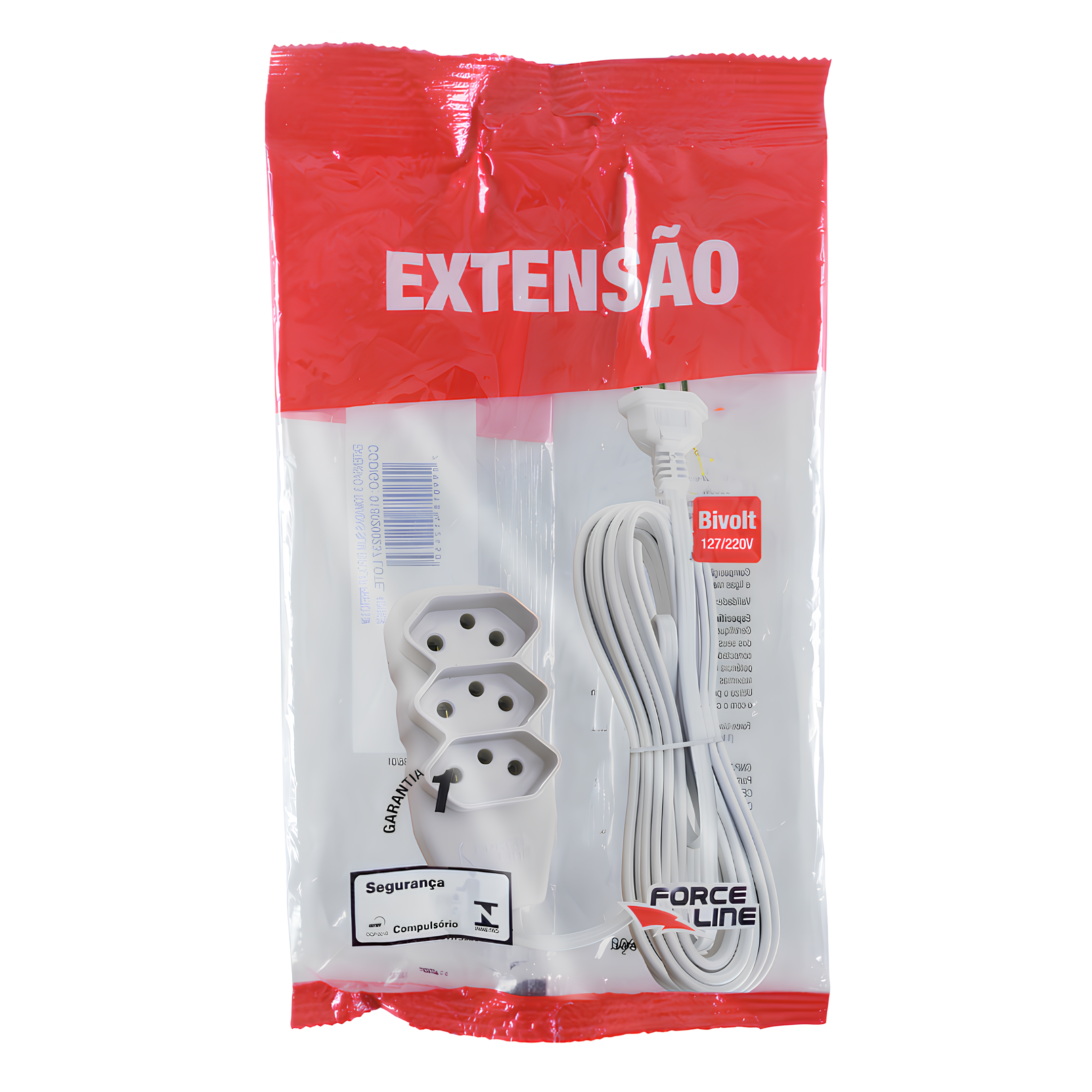 Extensão 3 Metros 10A Tripolar Branca 3 Tomadas Slim Forceline