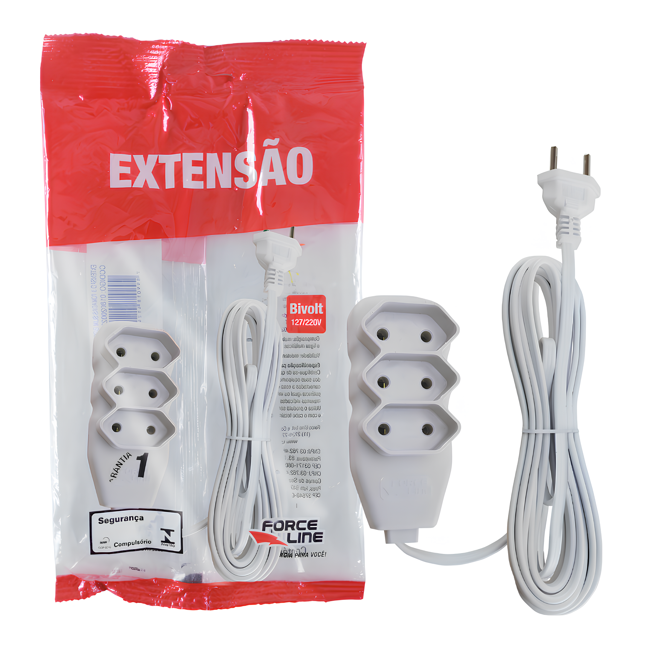 Extensão 5 Metros 10A Bipolar Branca 3 Tomadas Slim Forceline