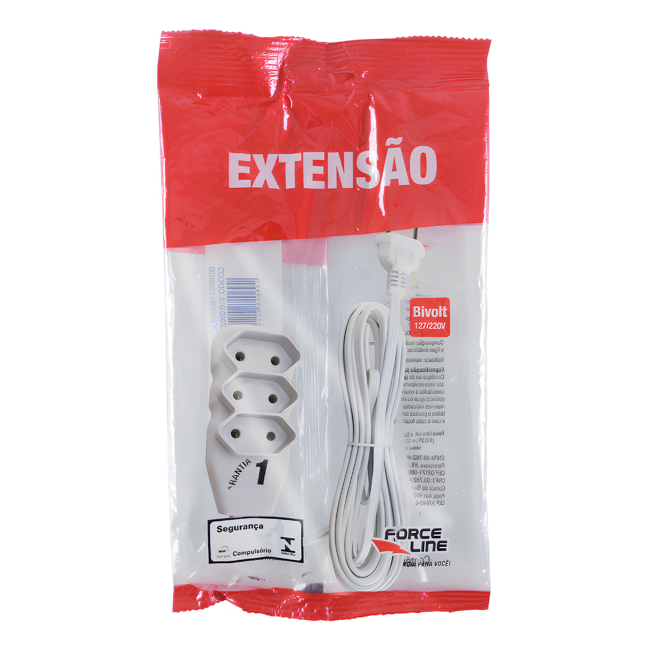 Extensão 5 Metros 10A Bipolar Branca 3 Tomadas Slim Forceline
