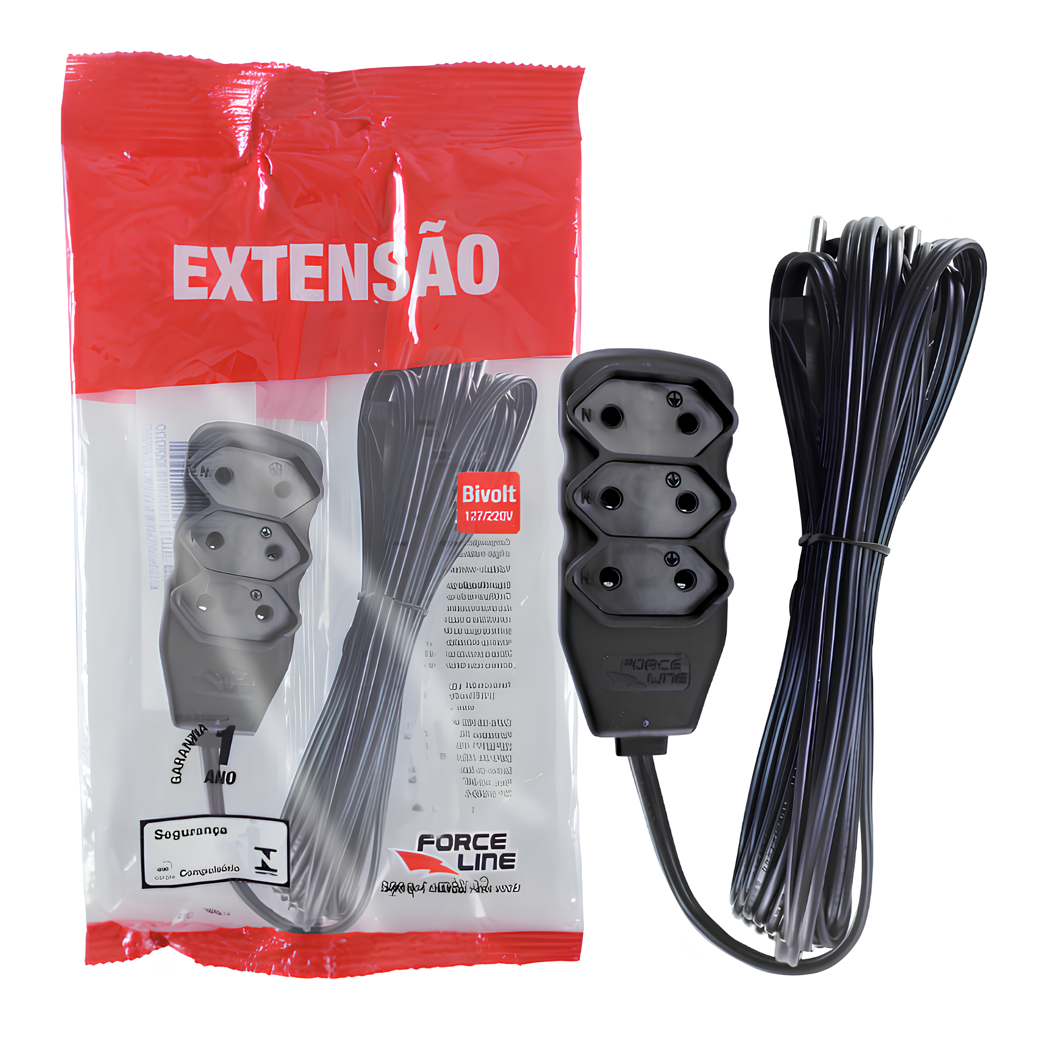 Extensão 5 Metros 10A Bipolar Preta 3 Tomadas Slim Forceline