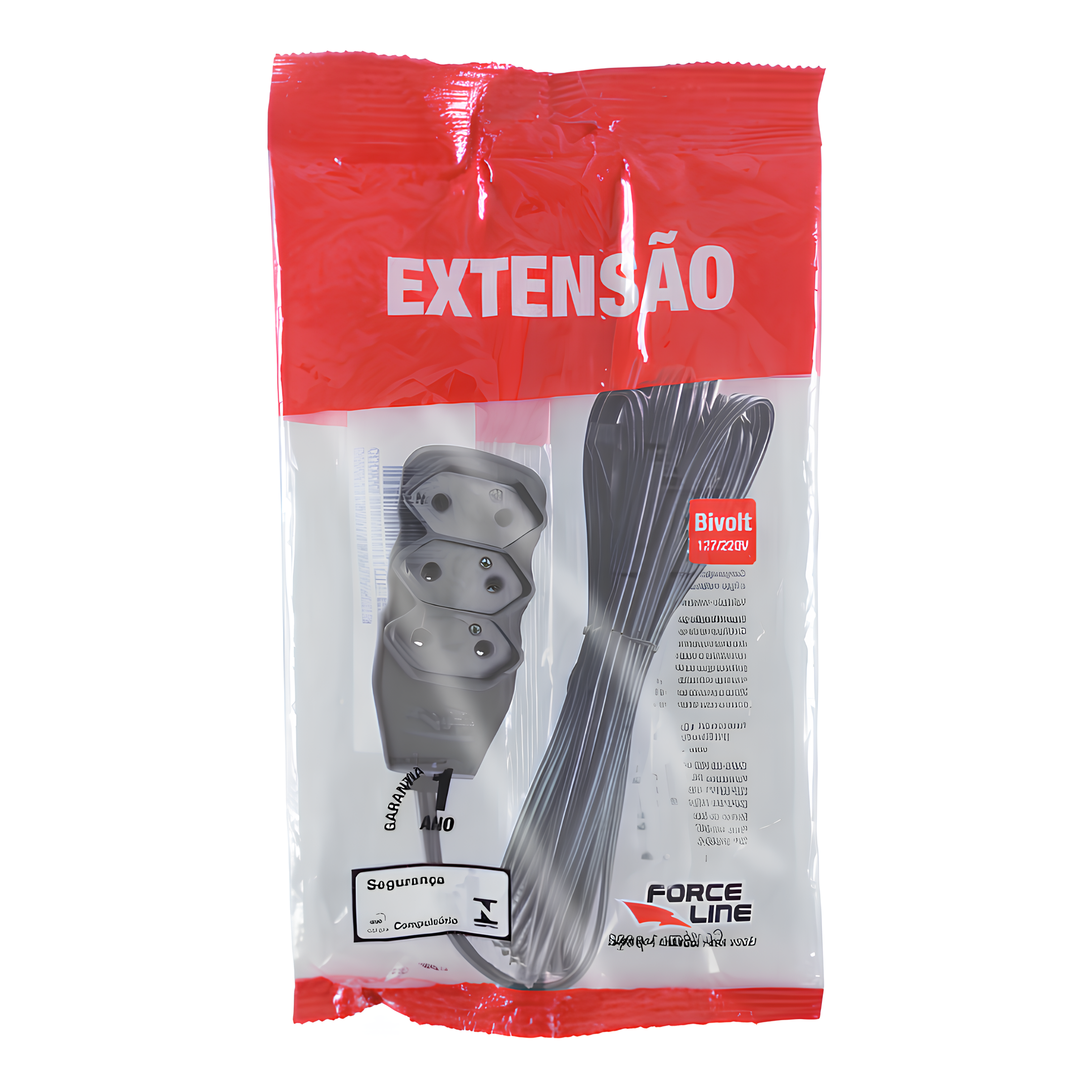 Extensão 5 Metros 10A Bipolar Preta 3 Tomadas Slim Forceline