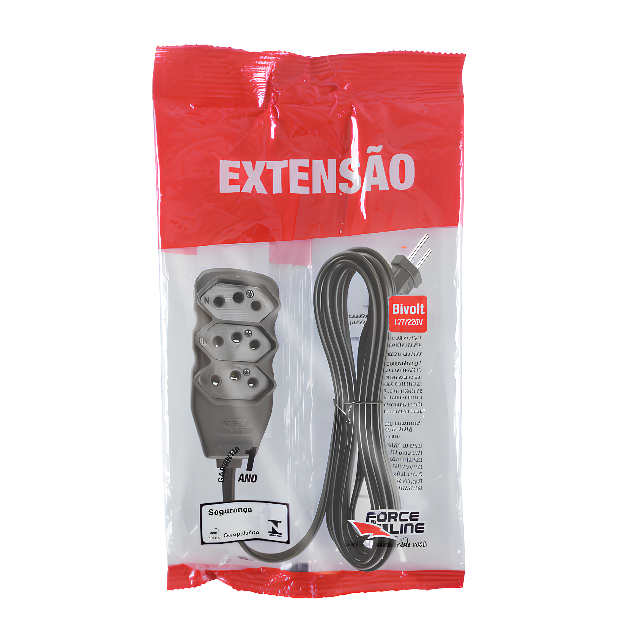 Extensão 5 Metros 10A Tripolar Preta 3 Tomadas Slim Forceline