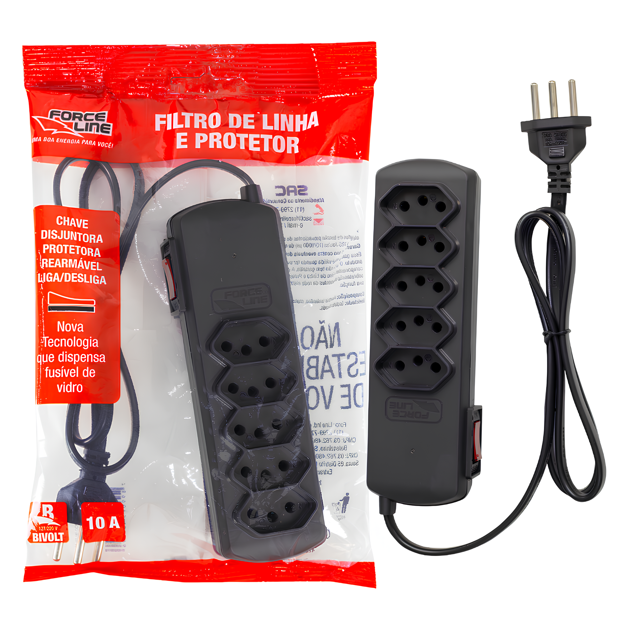 Filtro De Linha 0,8M 10A Tripolar Preto 5 Tomadas Forceline