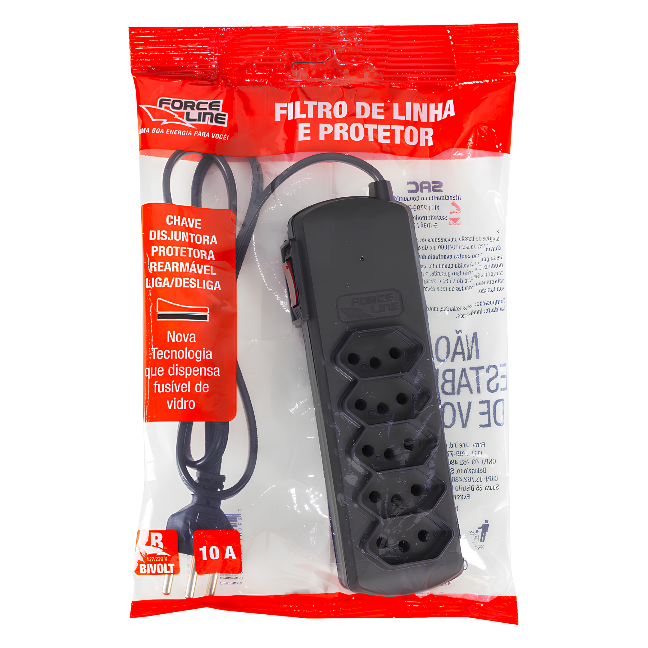 Filtro De Linha 0,8M 10A Tripolar Preto 5 Tomadas Forceline