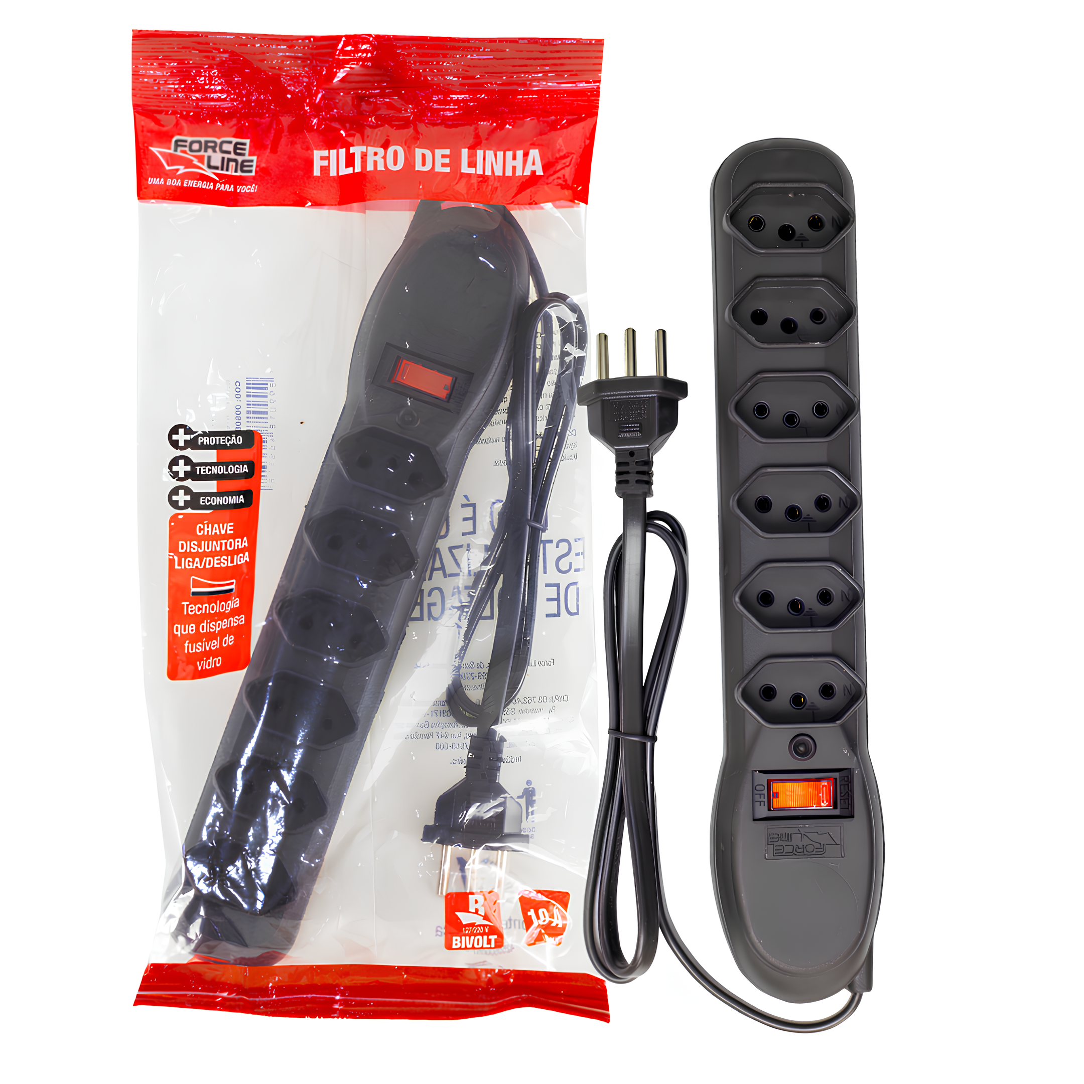 Filtro de Linha 0,8M 10A Tripolar Preto 6 Tomadas Forceline