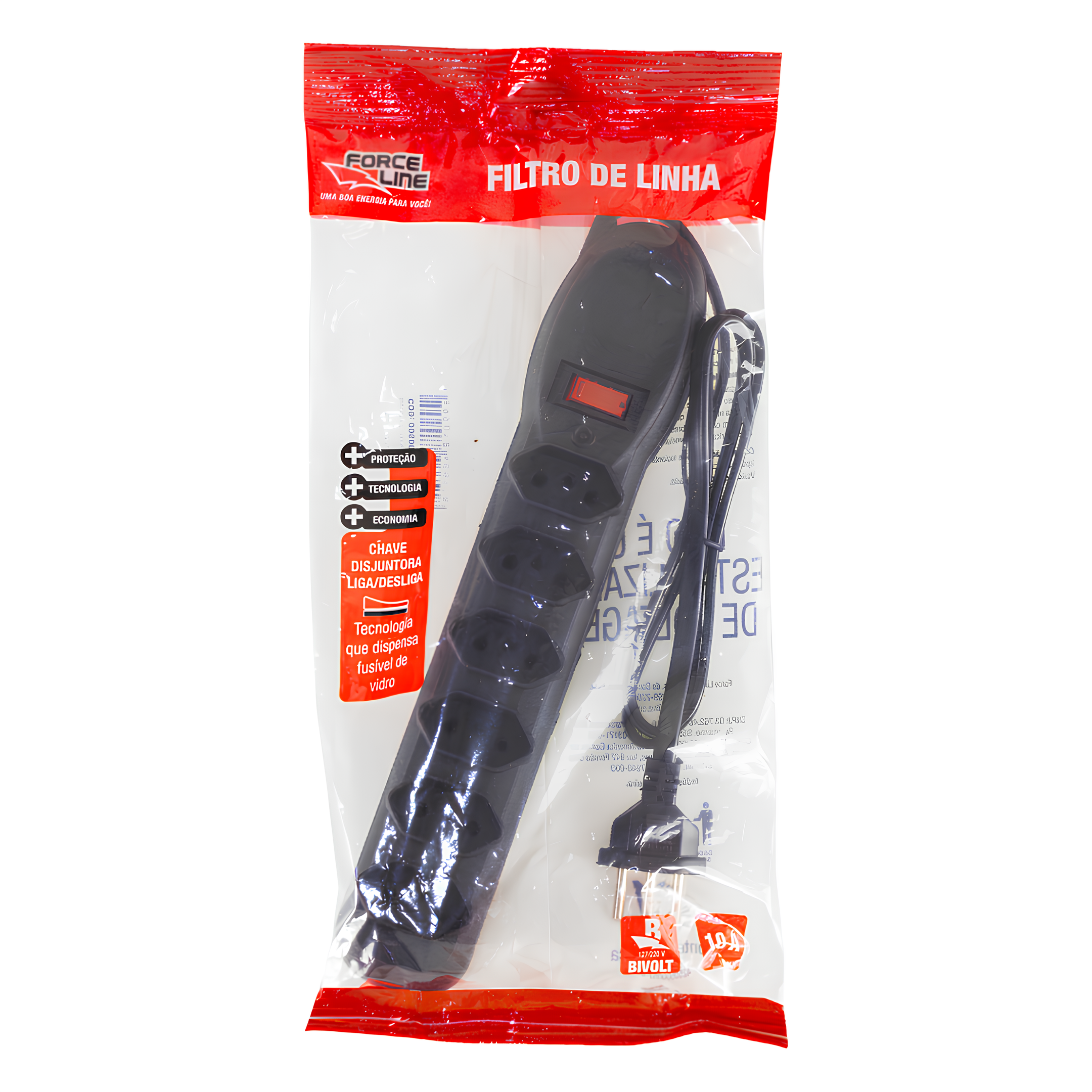 Filtro de Linha 0,8M 10A Tripolar Preto 6 Tomadas Forceline