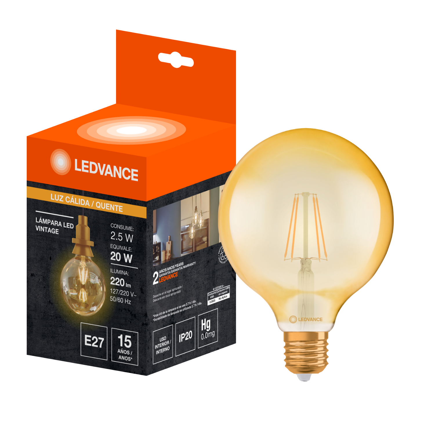 Lampada Led Filamento Globo 2,5W 2500K 220Lm E27 Ledvance