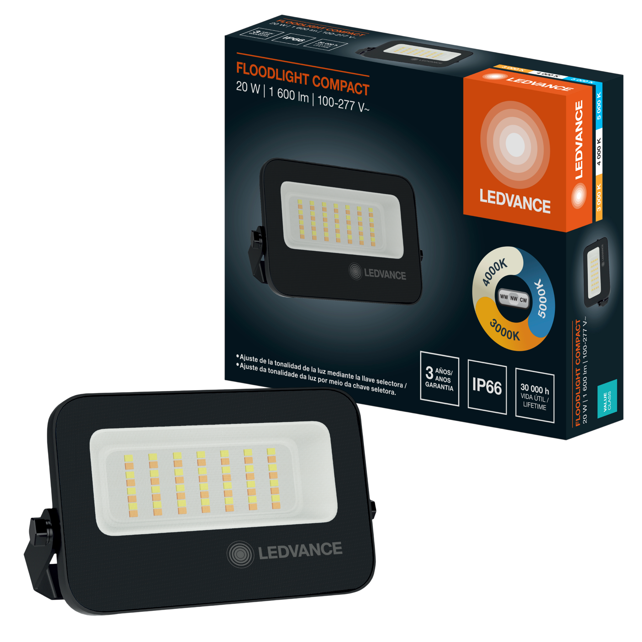 Refletor Led Retangular 20W 3CCT 1600Lm Pt Floodlight Compact Ledvance