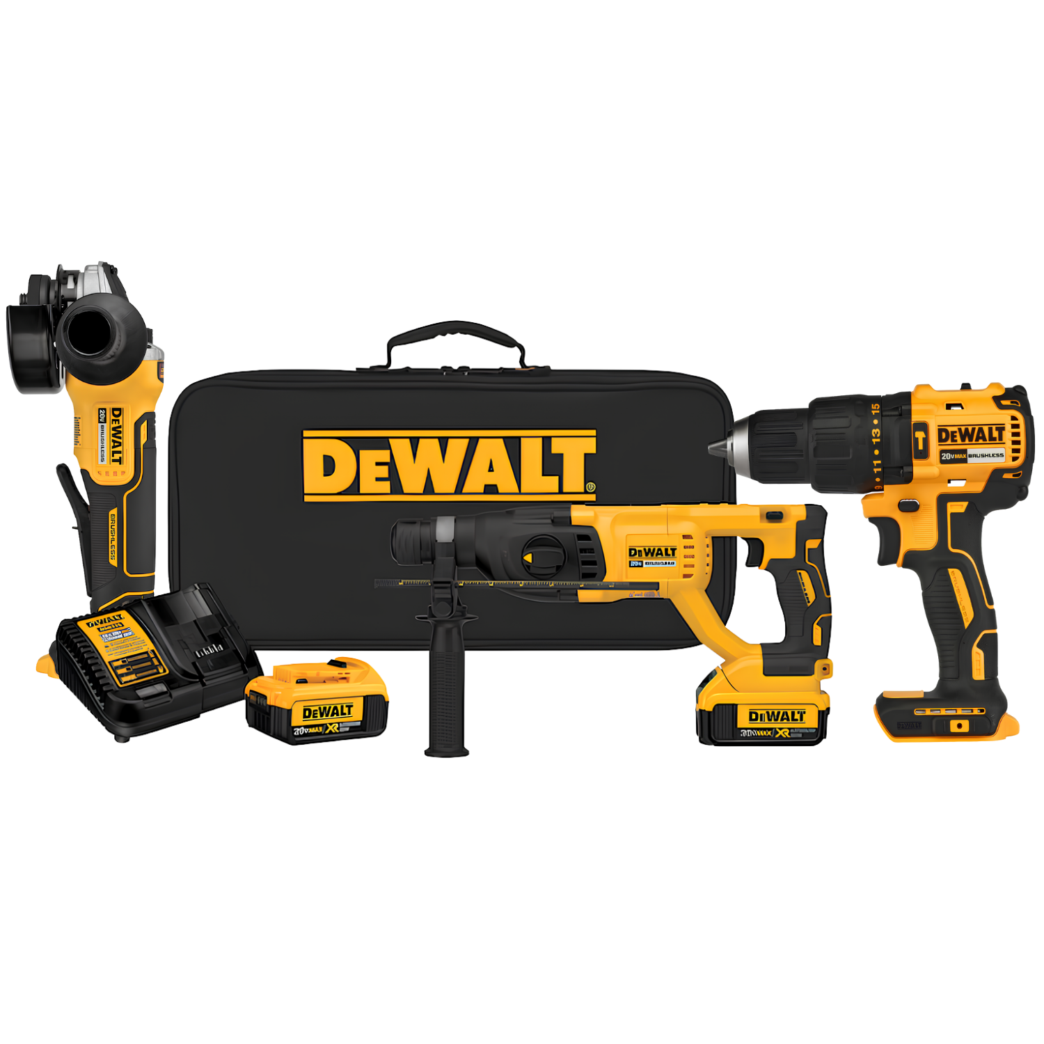 Martelete + Parafusadeira De Impacto E Esmerilhadeira Dewalt