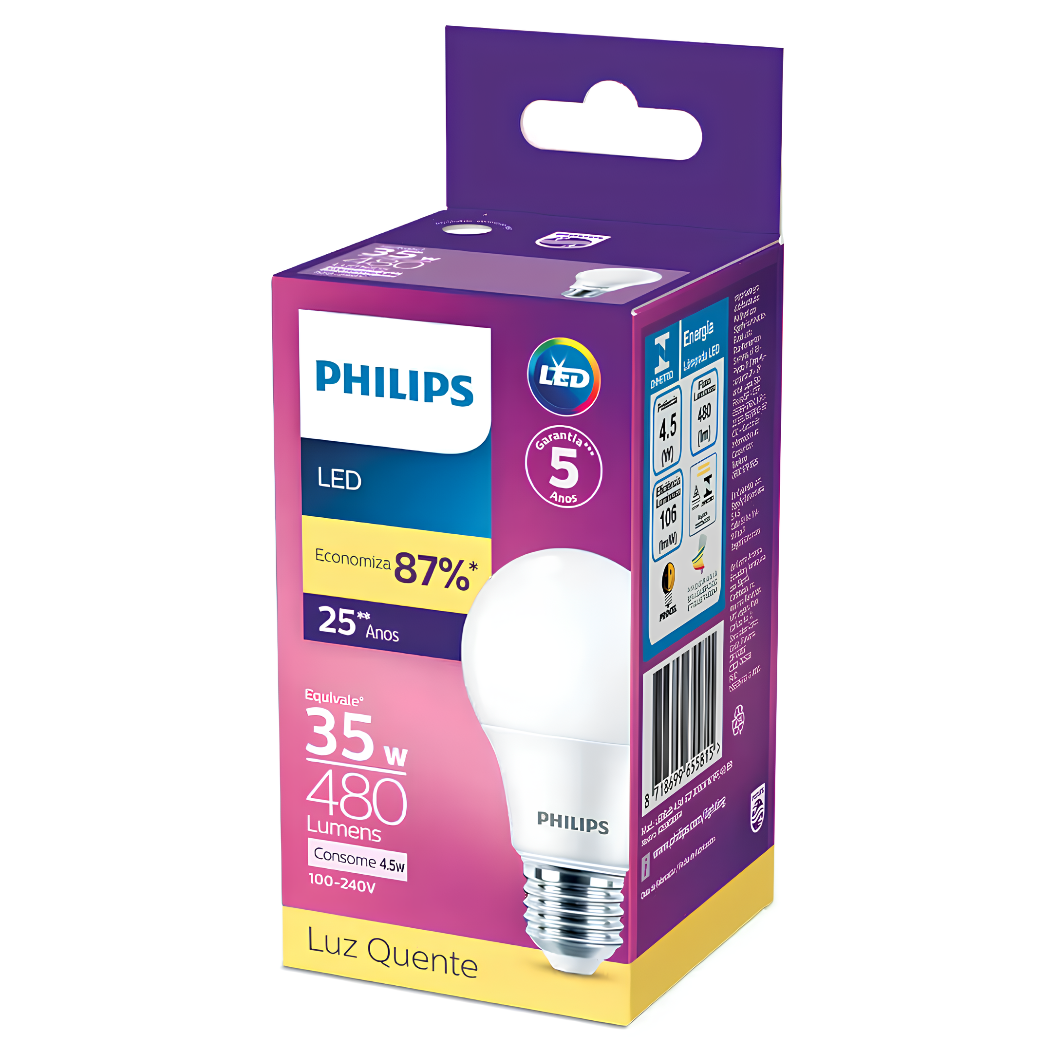 Kit 3 Lampada Led Bulbo 4,5W 480Lm 180° Bivolt E27 Philips