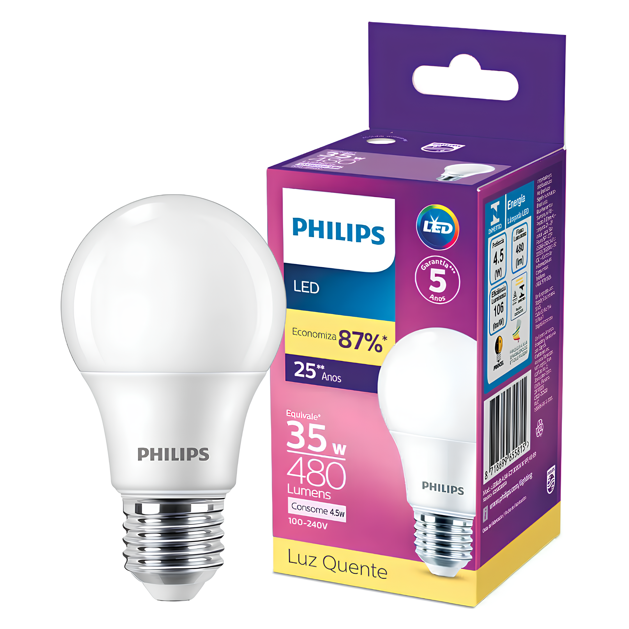 Kit 3 Lampada Led Bulbo 4,5W 480Lm 180° Bivolt E27 Philips